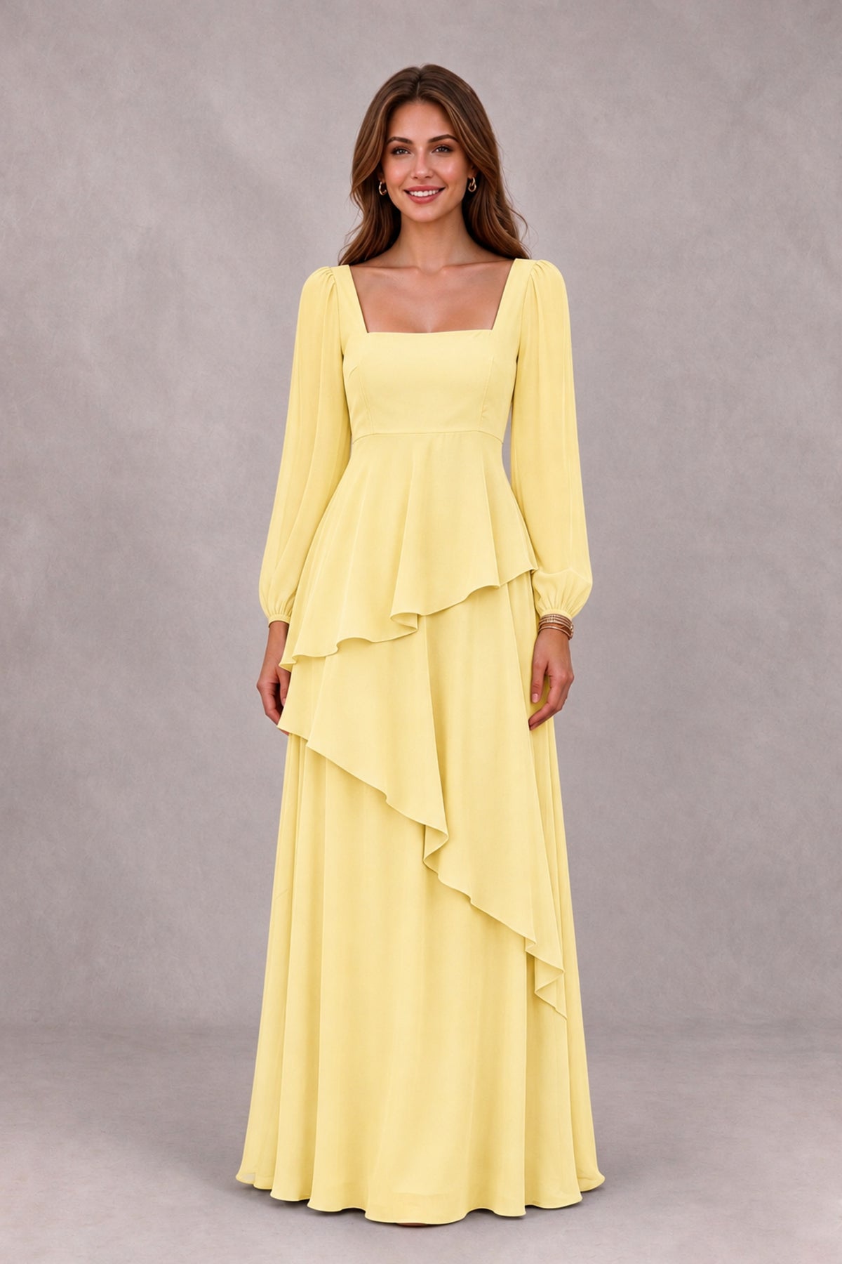 BOLODOO Yellow Long Sleeve Ruffle Bridesmaid Dresses - Yellow - Yellow_4