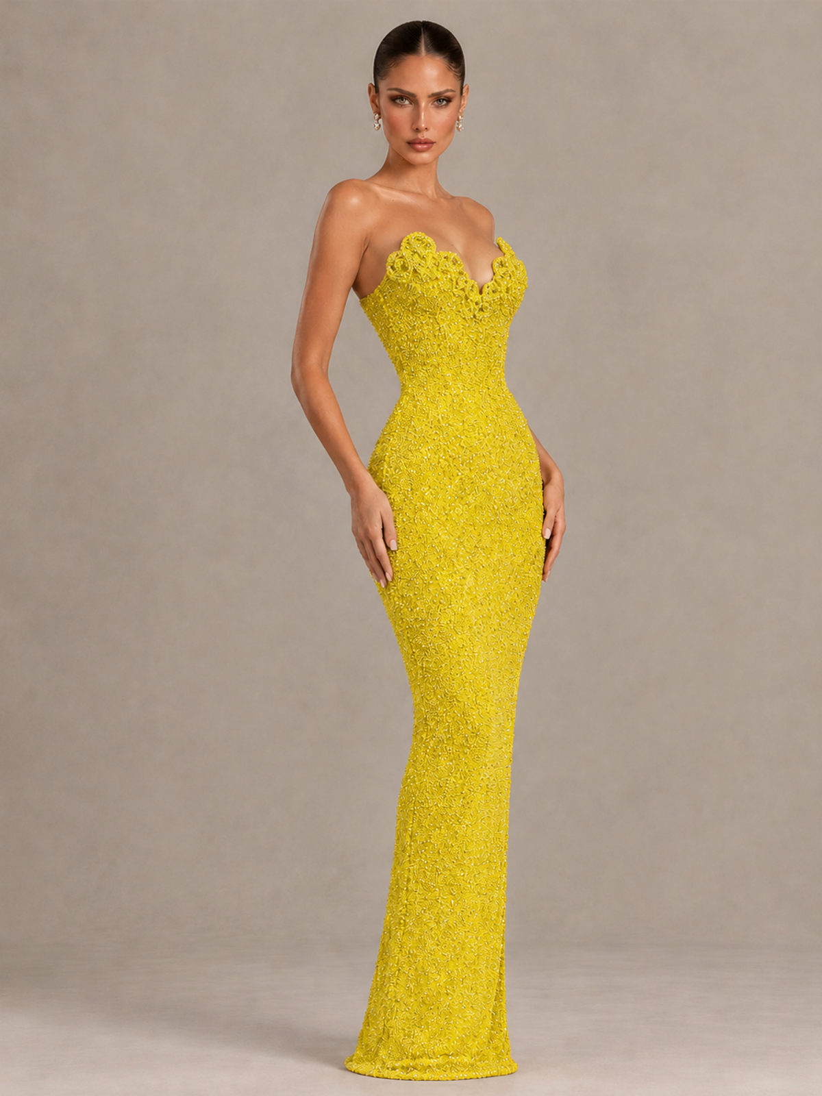 BOLODOO Yellow Strapless Sequin Evening Gown with Floral Neckline - Yellow - Yellow_4