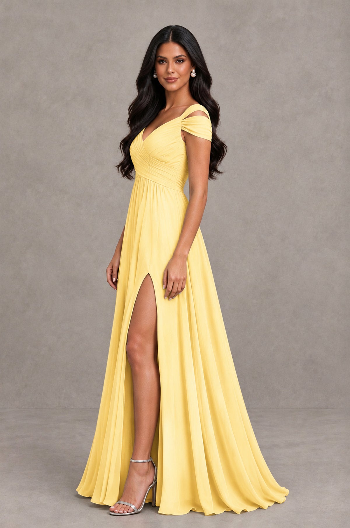 BOLODOO Yellow Cold Shoulder Chiffon Evening Dress with V Neck and High Slit - Yellow - Yellow_4