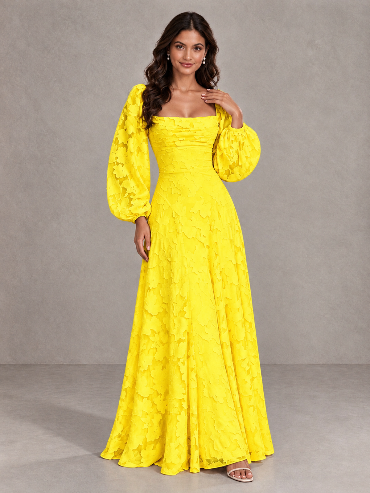 BOLODOO Yellow Floral Long Sleeve A-Line Bridesmaid Dress - Yellow - Yellow_4