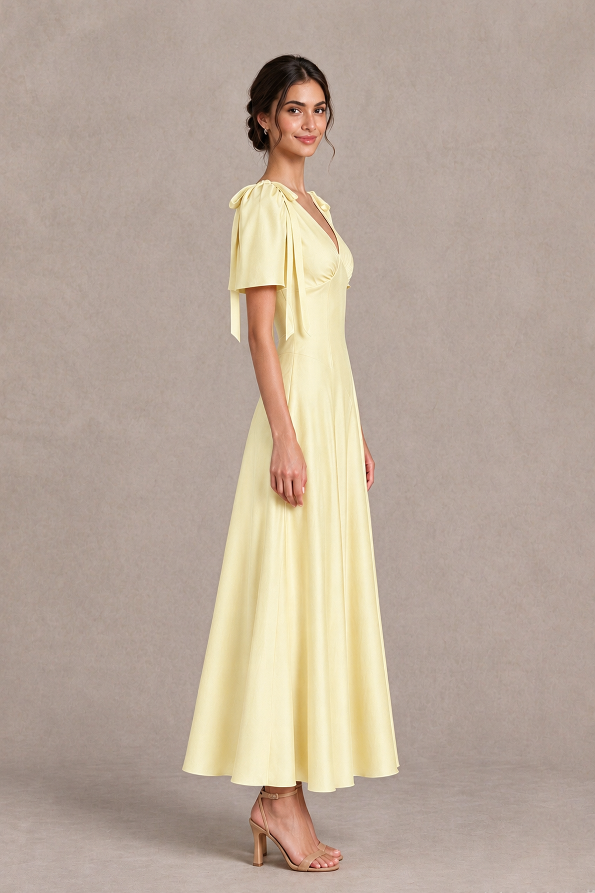 BOLODOO Yellow V-Neck Short Sleeve Satin-Look Bridesmaid Dress with Shoulder Bows - Yellow - Yellow_4