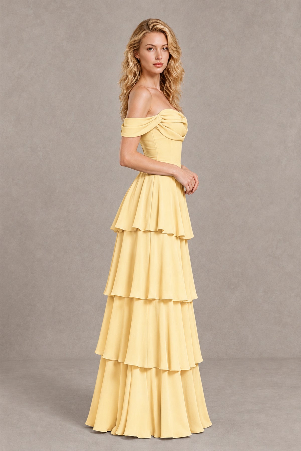BOLODOO Yellow Off-the-Shoulder Tiered A-Line Evening Bridesmaid Dress - Yellow - Yellow_4