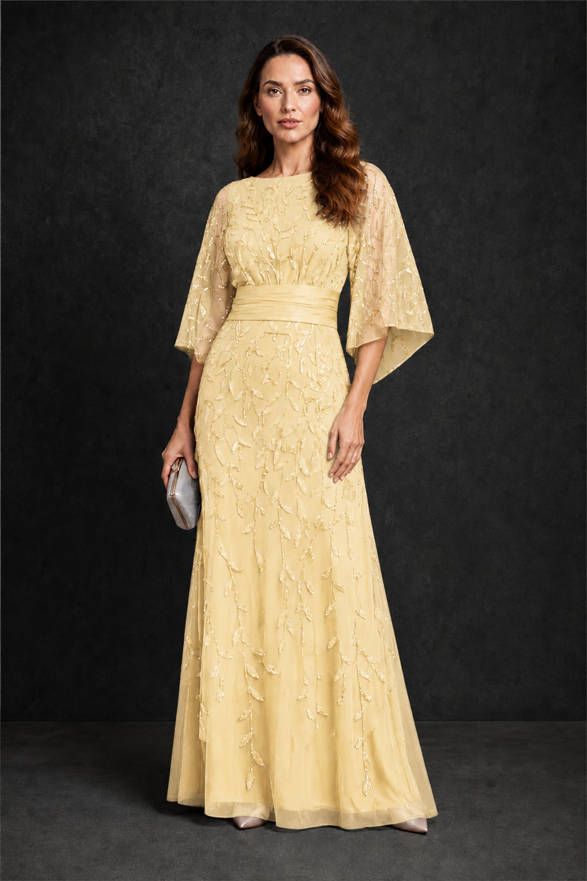 BOLODOO Yellow Bateau Neck Bell Sleeve Sequin Embroidered Satin Waist A-Line Maxi Dress - Yellow - Yellow_4