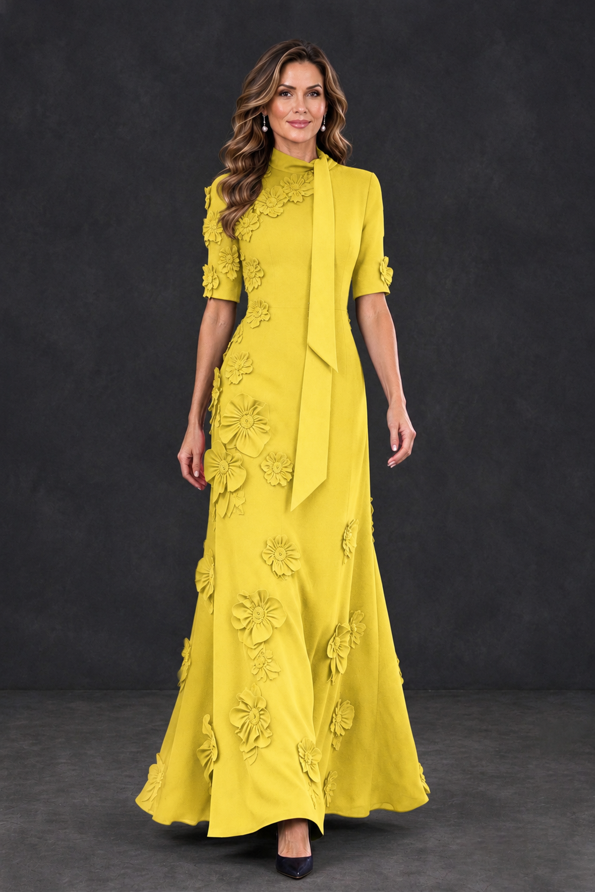 BOLODOO Yellow Floral Applique High-Neck Half-Sleeve Gown - Yellow - Yellow_4