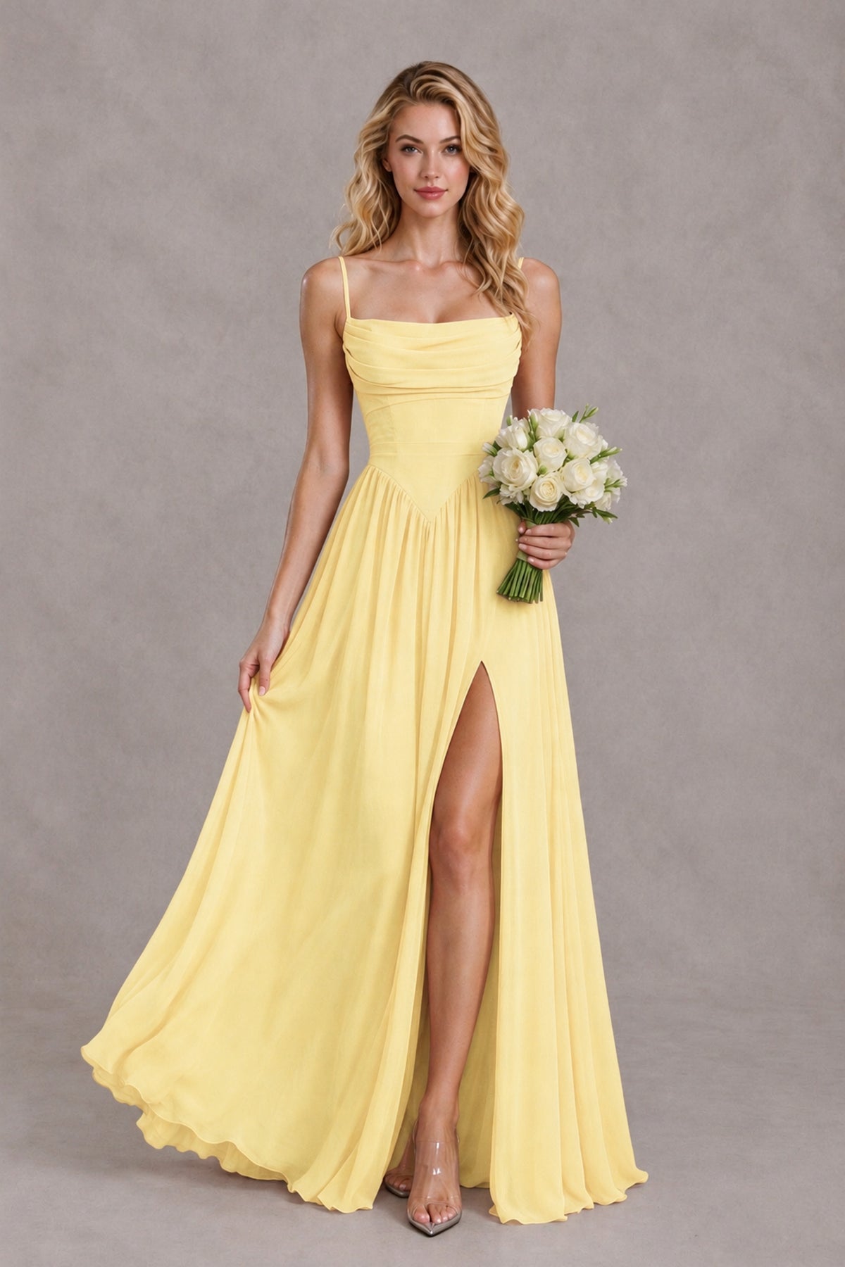 BOLODOO Yellow Spaghetti Strap A-Line Bridesmaid Dress with Slit - Yellow - Yellow_4