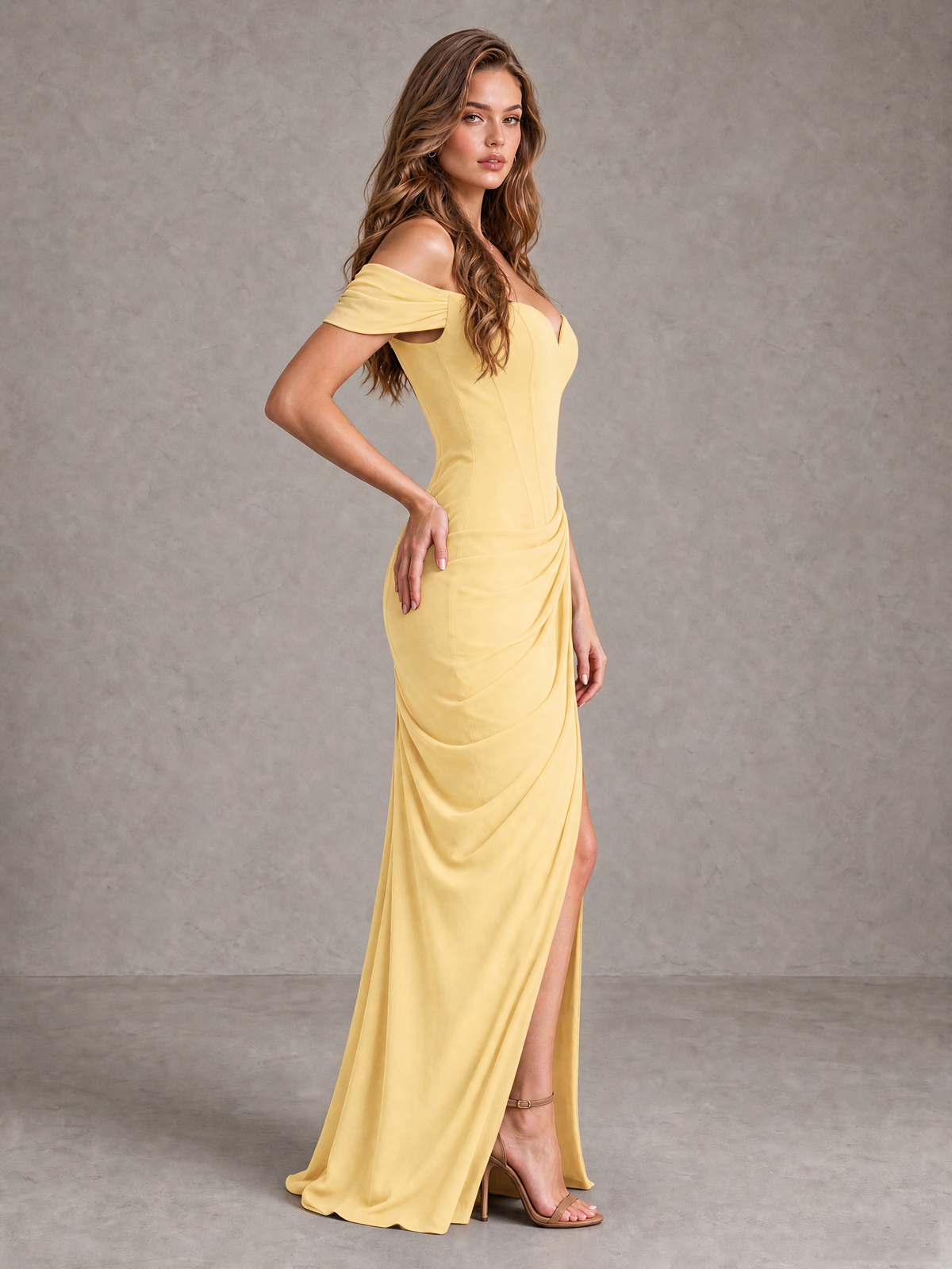 BOLODOO Yellow Off-Shoulder Ruched Corset Wedding Guest Dress with Slit - Yellow - Yellow_4