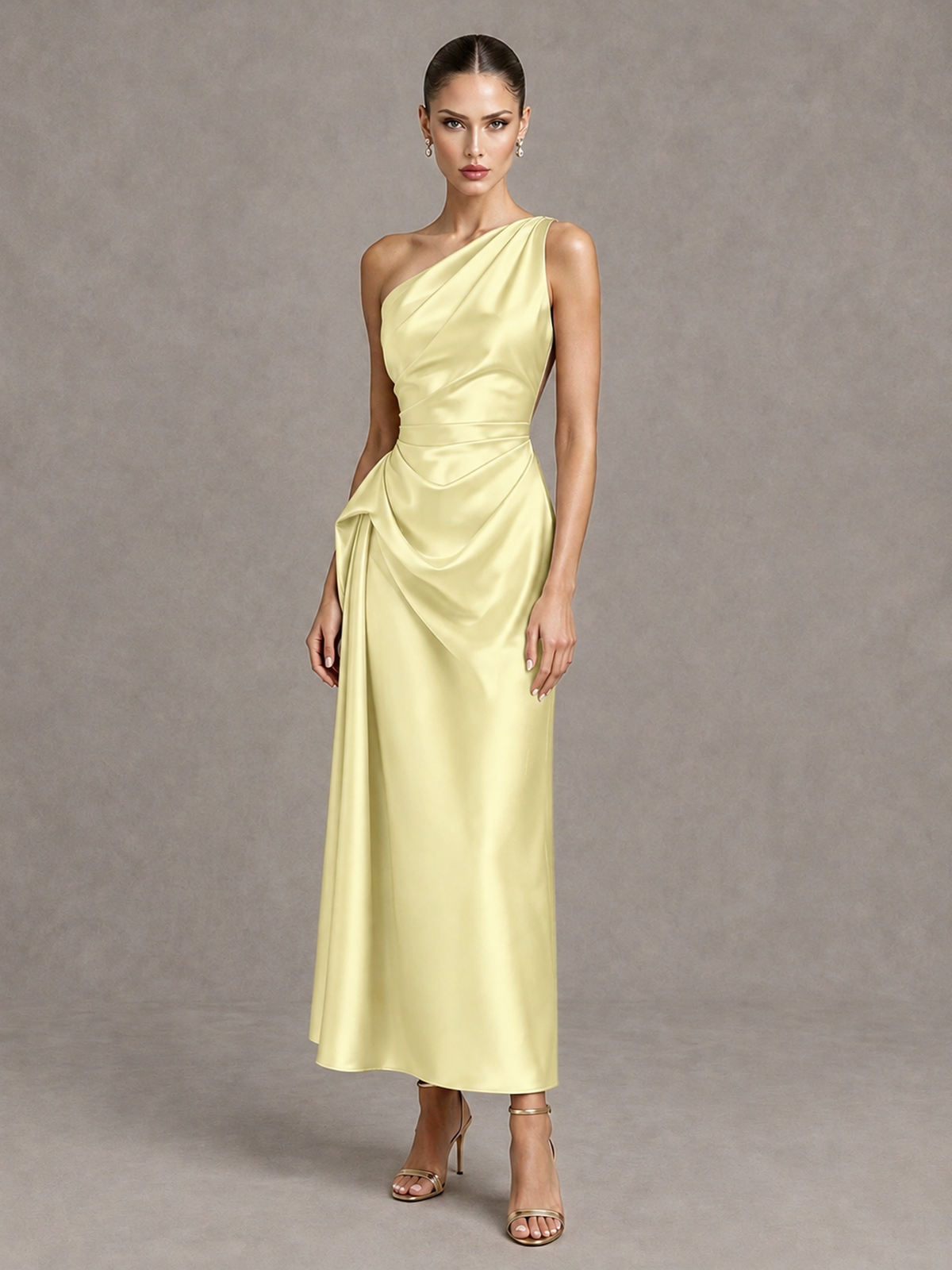 BOLODOO Yellow One Shoulder Satin Cocktail Dress with Draped A-Line Skirt - Yellow - Yellow_4