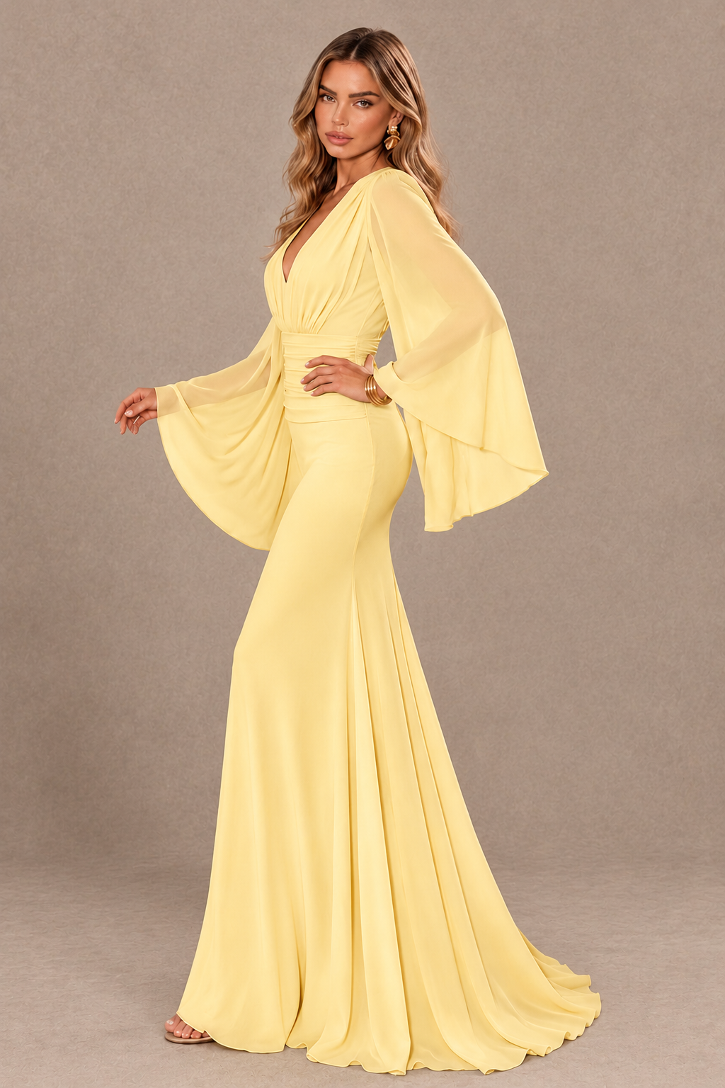 BOLODOO Yellow Cape Sleeve V-Neck Ruched Chiffon Evening Dress - Yellow - Yellow_4