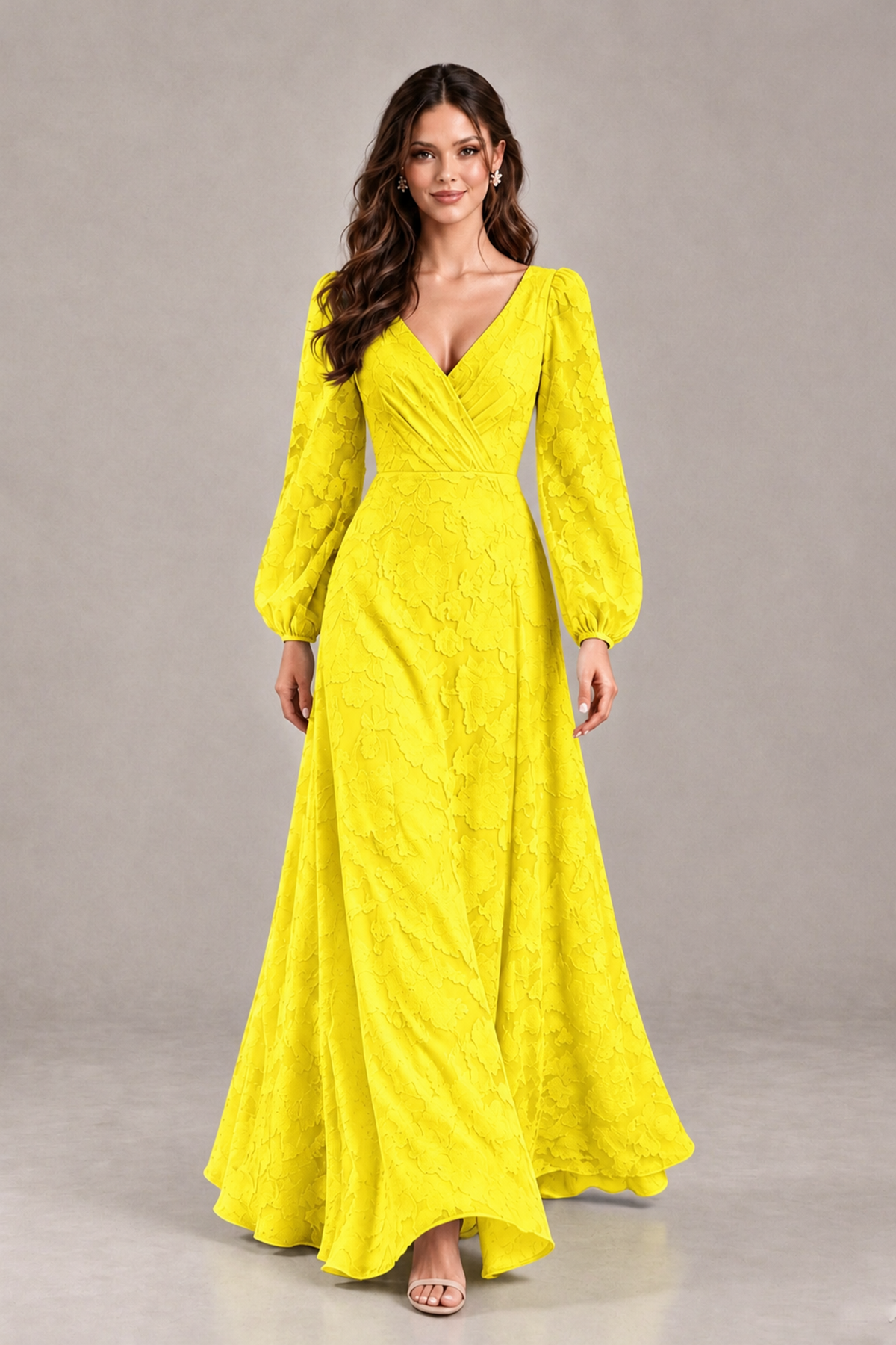 BOLODOO Yellow Long Sleeve V-Neck A-Line Mother of the Bride Dress - Yellow - Yellow_4