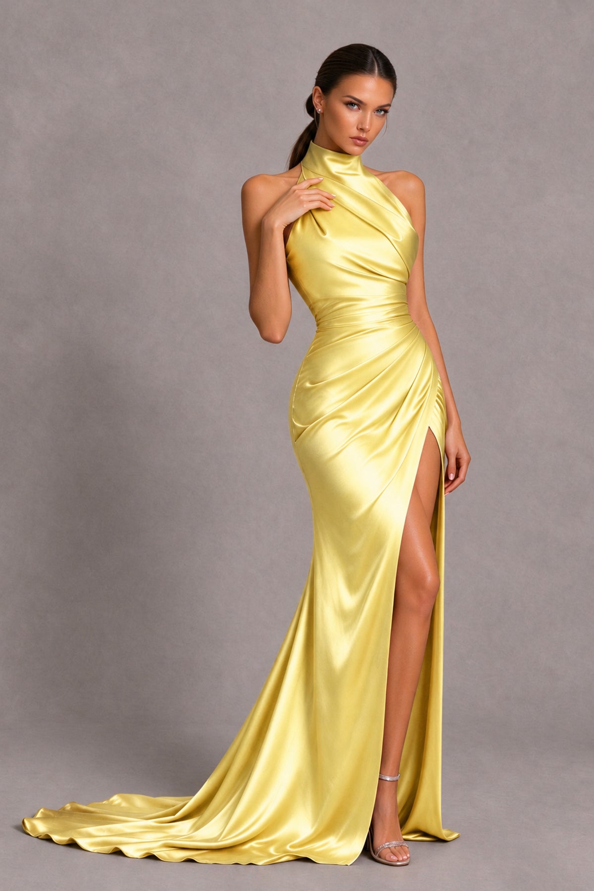 BOLODOO Yellow Halter Satin-Look Evening Gown with High Slit - Yellow - Yellow_4