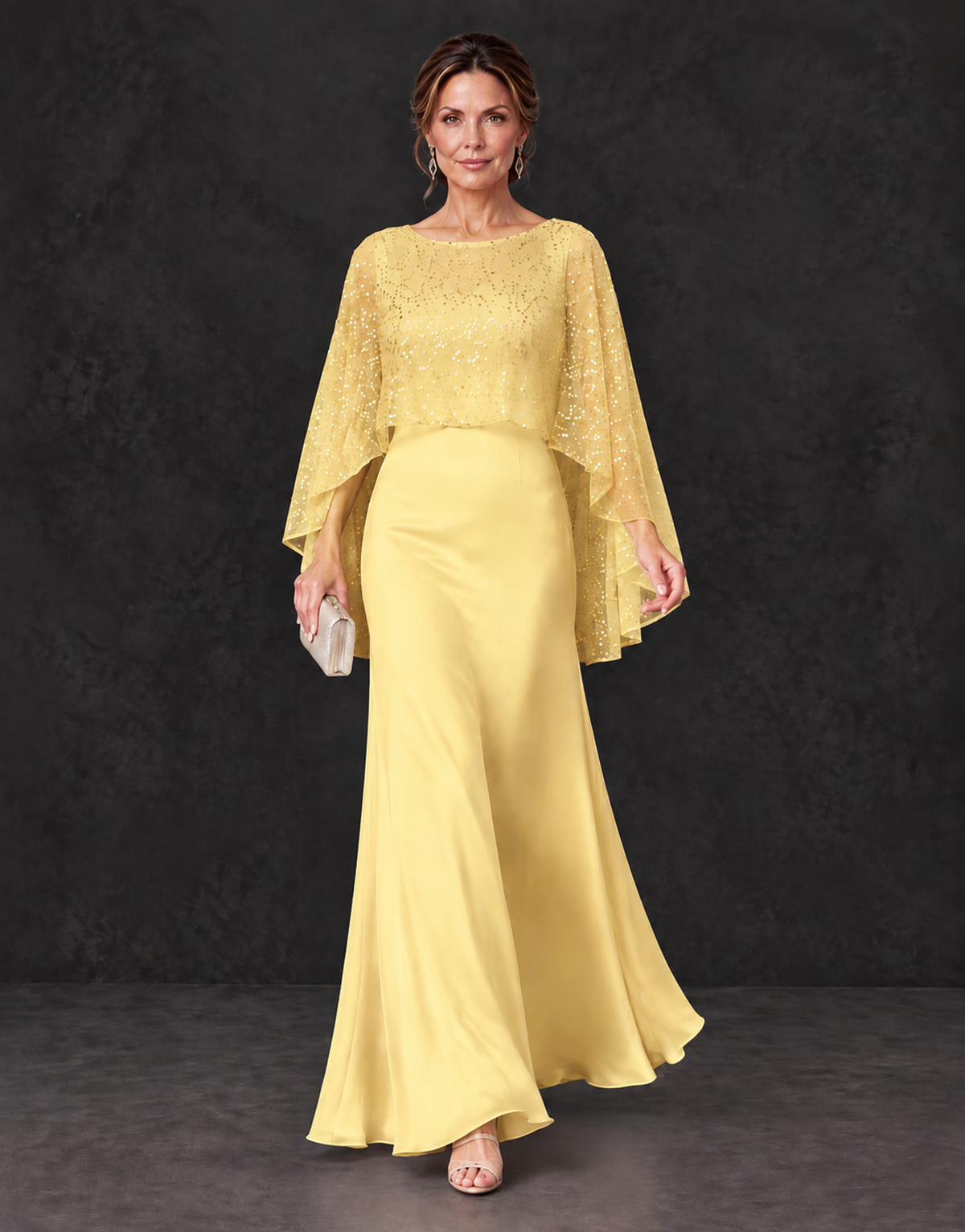 BOLODOO Yellow Sparkle Cape Sleeve Mother of the Bride Dress - Yellow - Yellow_4