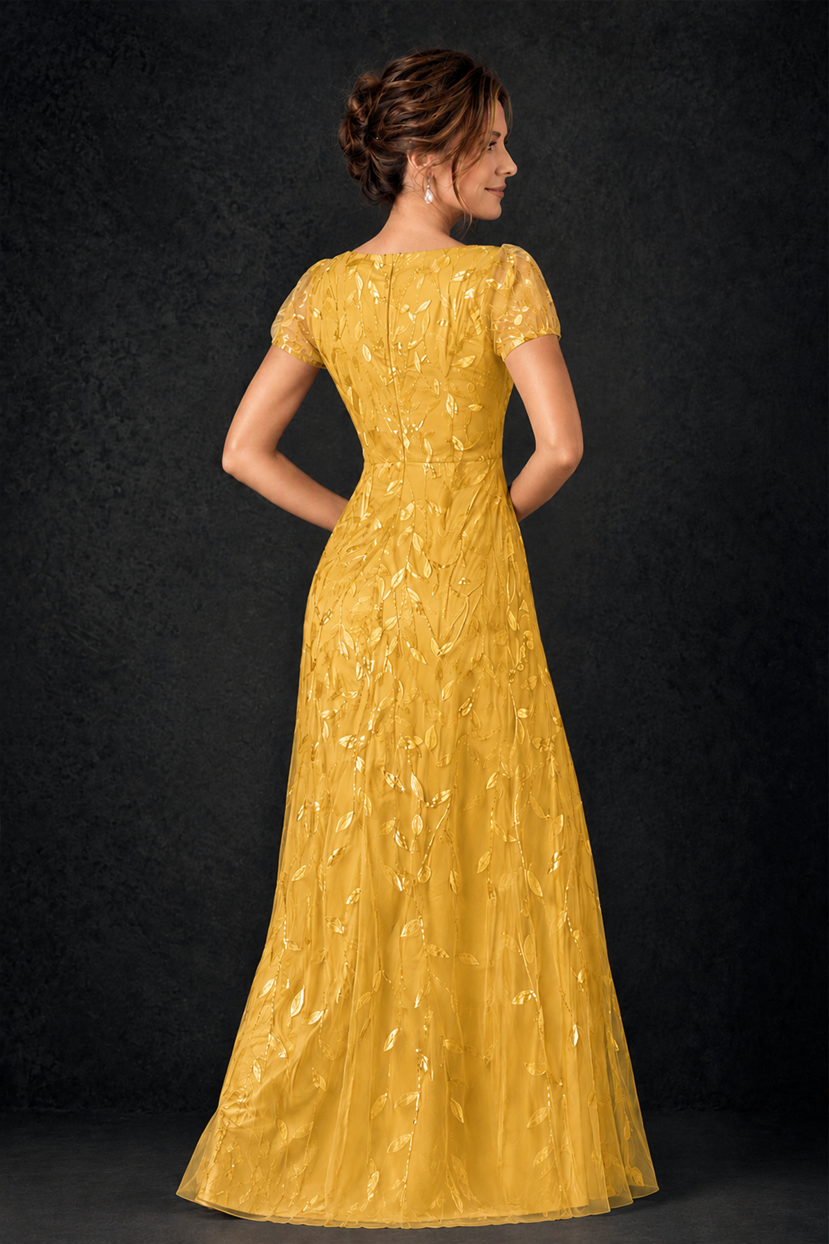 BOLODOO Yellow Leaf Embroidered A-Line Formal Gown with Cap Sleeves - Yellow - Yellow_4