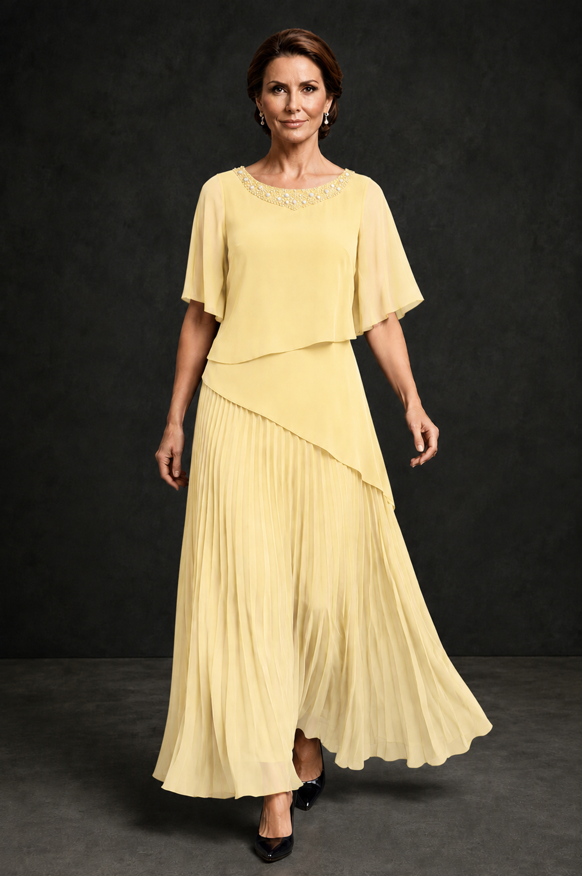 BOLODOO Yellow Pearl Beaded Neck Asymmetric Tiered Flutter Sleeve Pleated Chiffon Maxi Dress - Yellow - Yellow_4