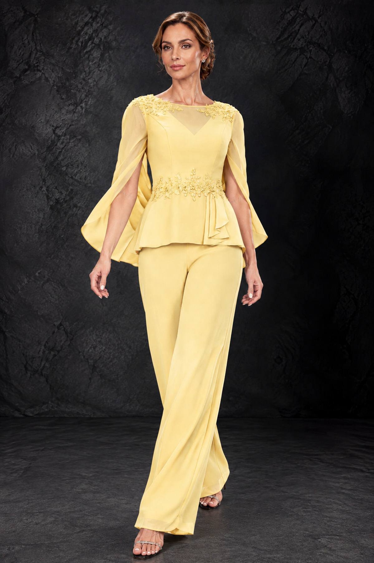 BOLODOO Yellow Embellished Cape Sleeve Mother of the Bride Pantsuit - Yellow - Yellow_4