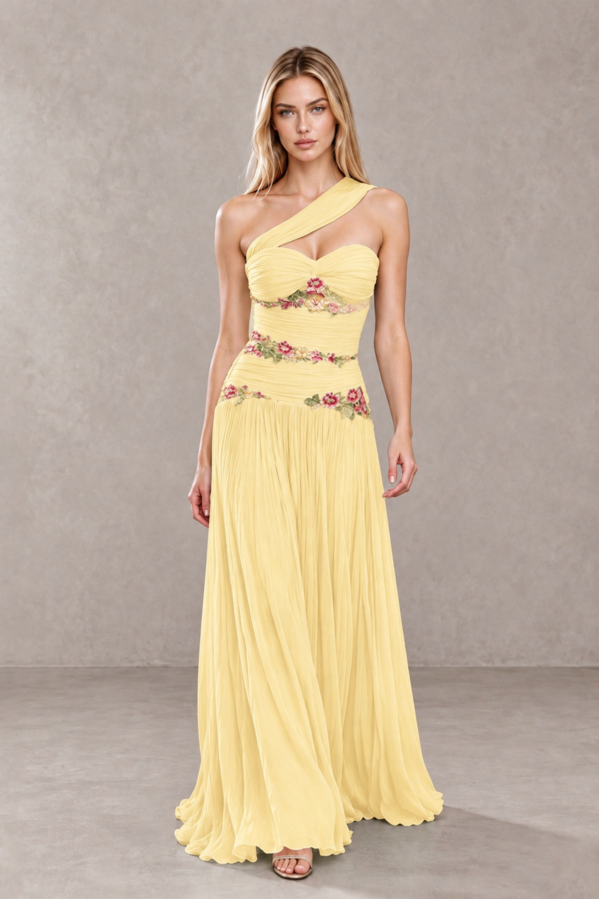 BOLODOO Yellow One-Shoulder Floral Applique A-Line Evening Dress - Yellow - Yellow_4