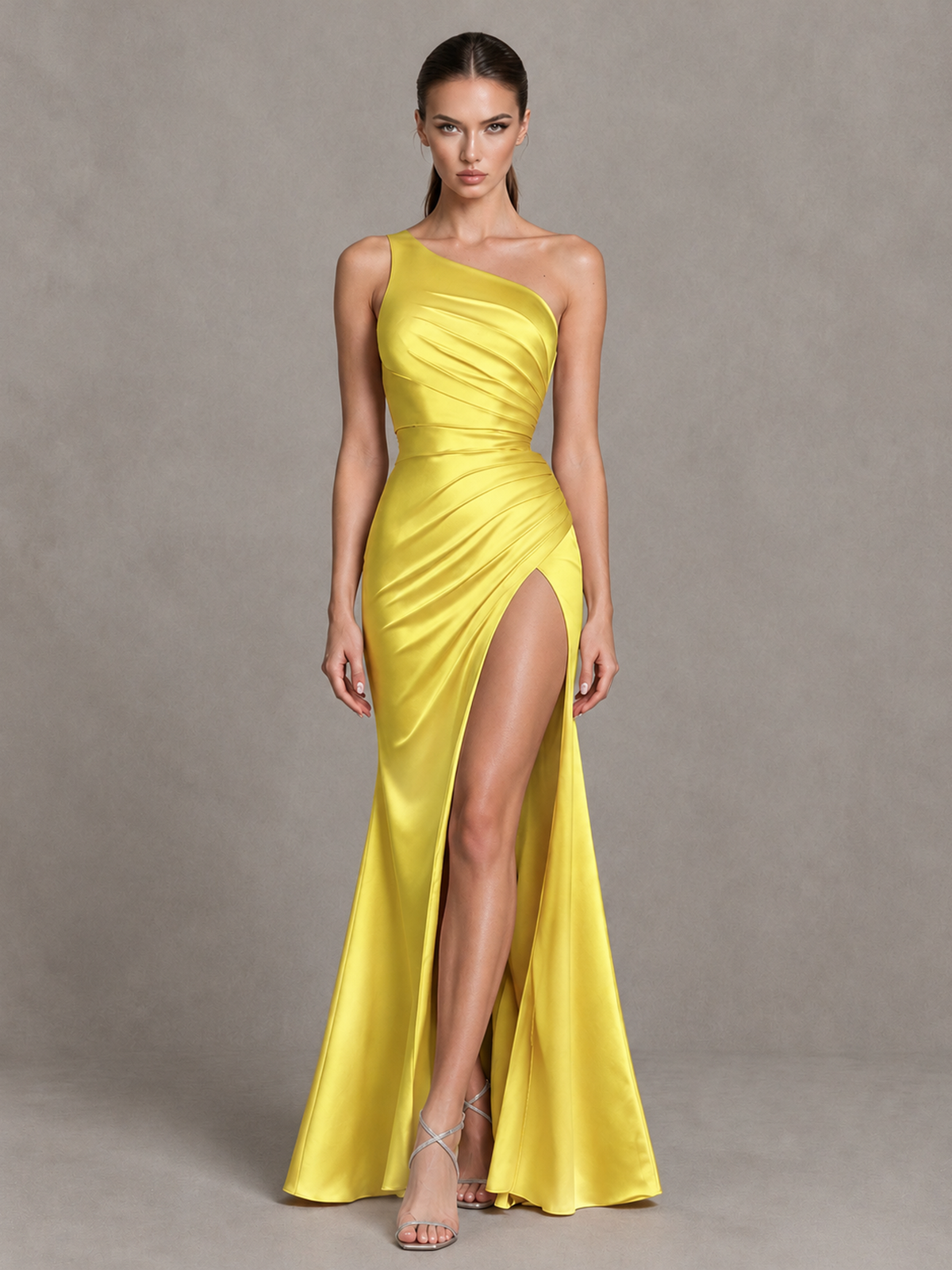 BOLODOO Yellow One-Shoulder Ruched Satin-Look Evening Gown with High Slit - Yellow - Yellow_4