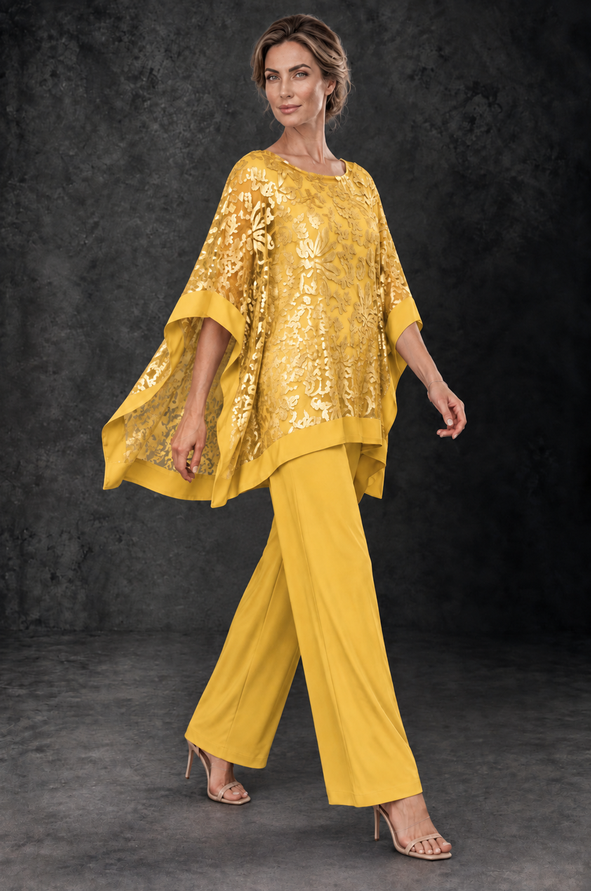 BOLODOO Yellow Floral Cape Mother of the Bride Pant Suit - Yellow - Yellow_4