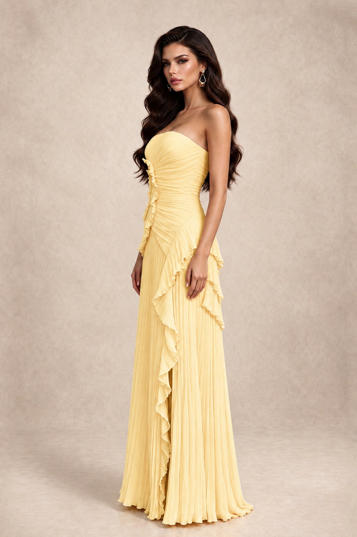 BOLODOO Yellow Strapless Ruffle Pleated Slit Evening Gown - Yellow - Yellow_4