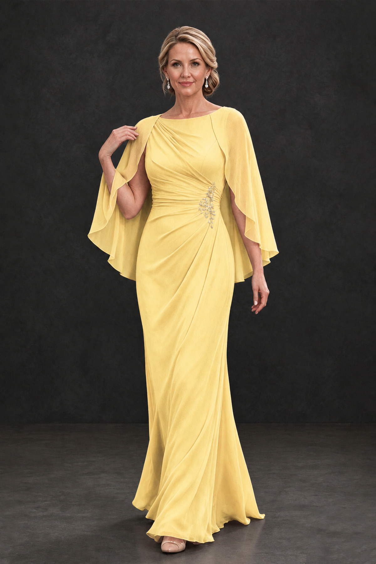 BOLODOO Yellow Cape Sleeve Mother of the Bride Dress with Ruched Waist - Yellow - Yellow_4