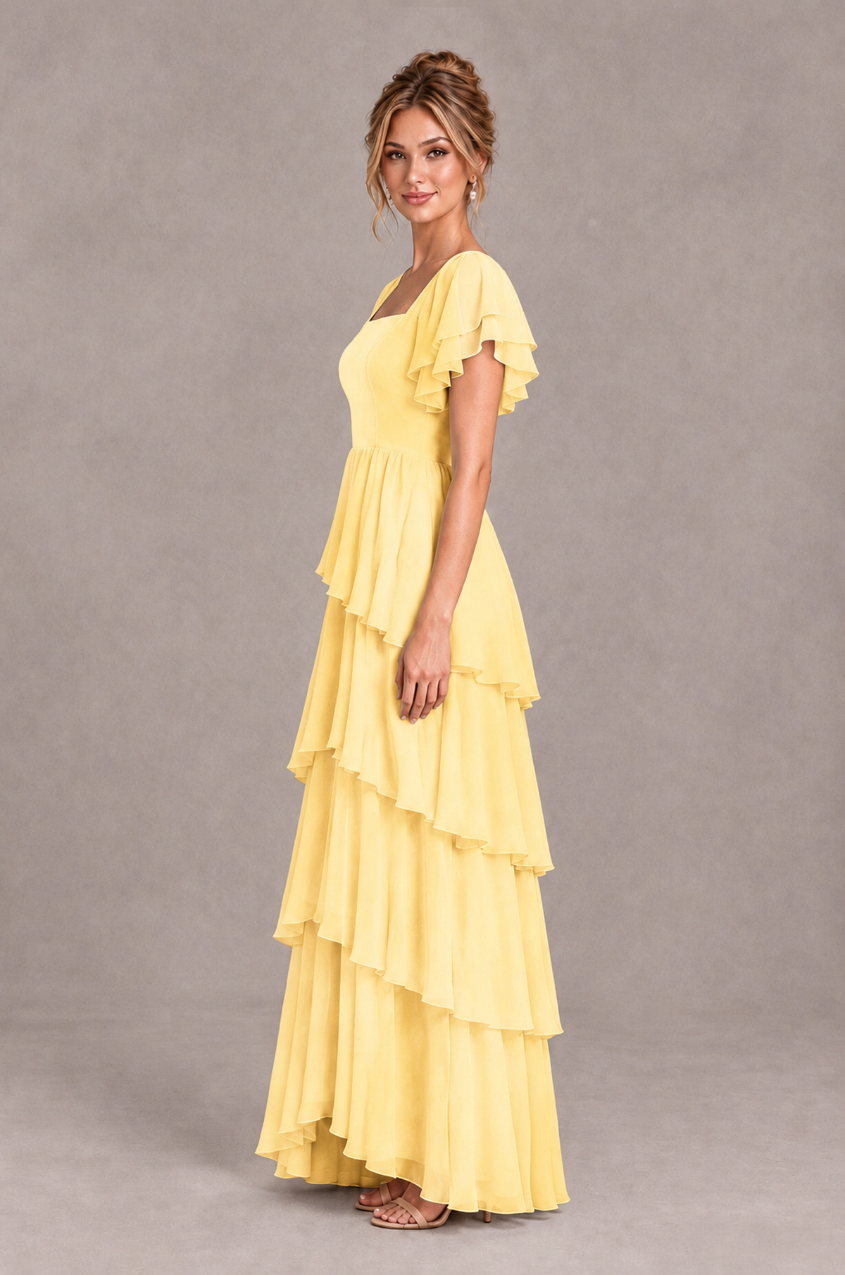 BOLODOO Yellow Square Neck Flutter Sleeve Tiered Chiffon Bridesmaid Dress with Lace-Up Back - Yellow - Yellow_4