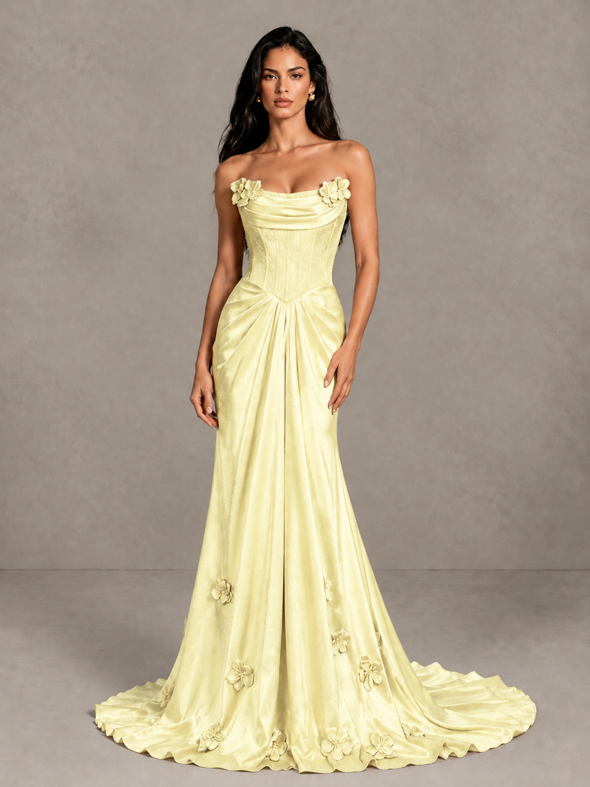 BOLODOO Yellow Strapless Floral Corset Evening Gown with Train - Yellow - Yellow_4
