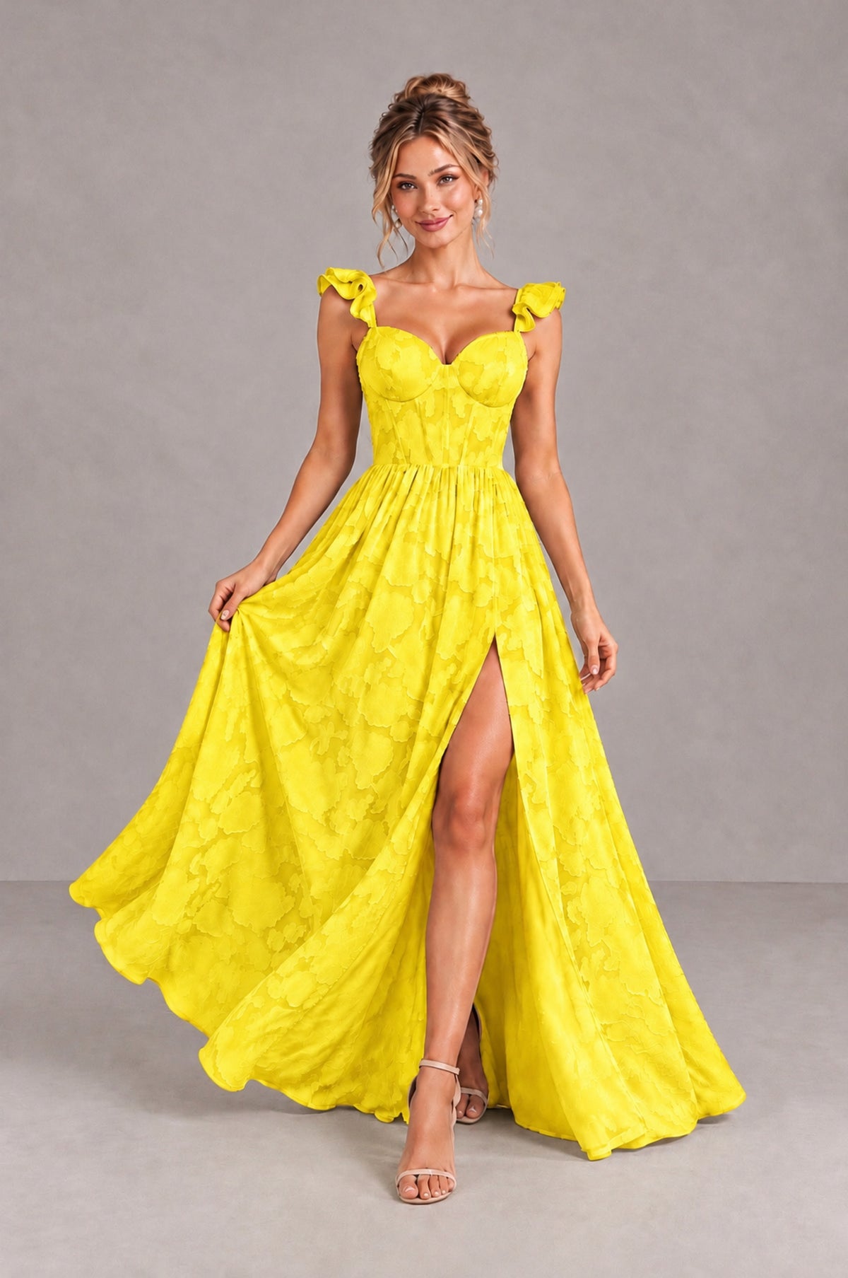 BOLODOO Yellow Floral A-Line Bridesmaid Dress with Slit Ruffle Straps Maxi Gown - Yellow - Yellow_4