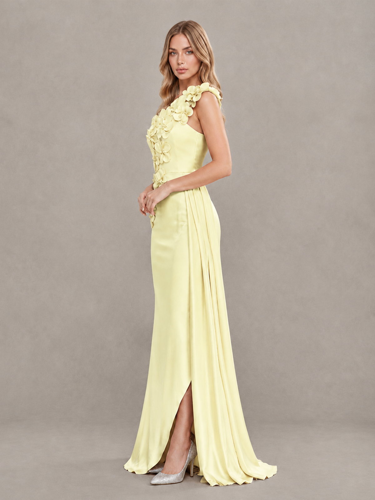 BOLODOO Yellow One-Shoulder Satin Mermaid Evening Gown with 3D Floral Appliqué - Yellow - Yellow_4