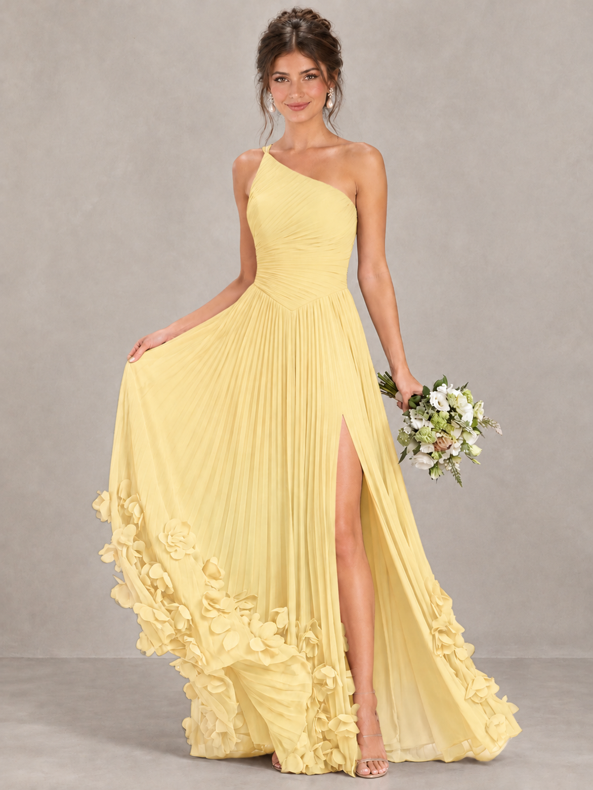 BOLODOO Yellow One-Shoulder Pleated Bridesmaid Dress with 3D Floral Hem - Yellow - Yellow_4