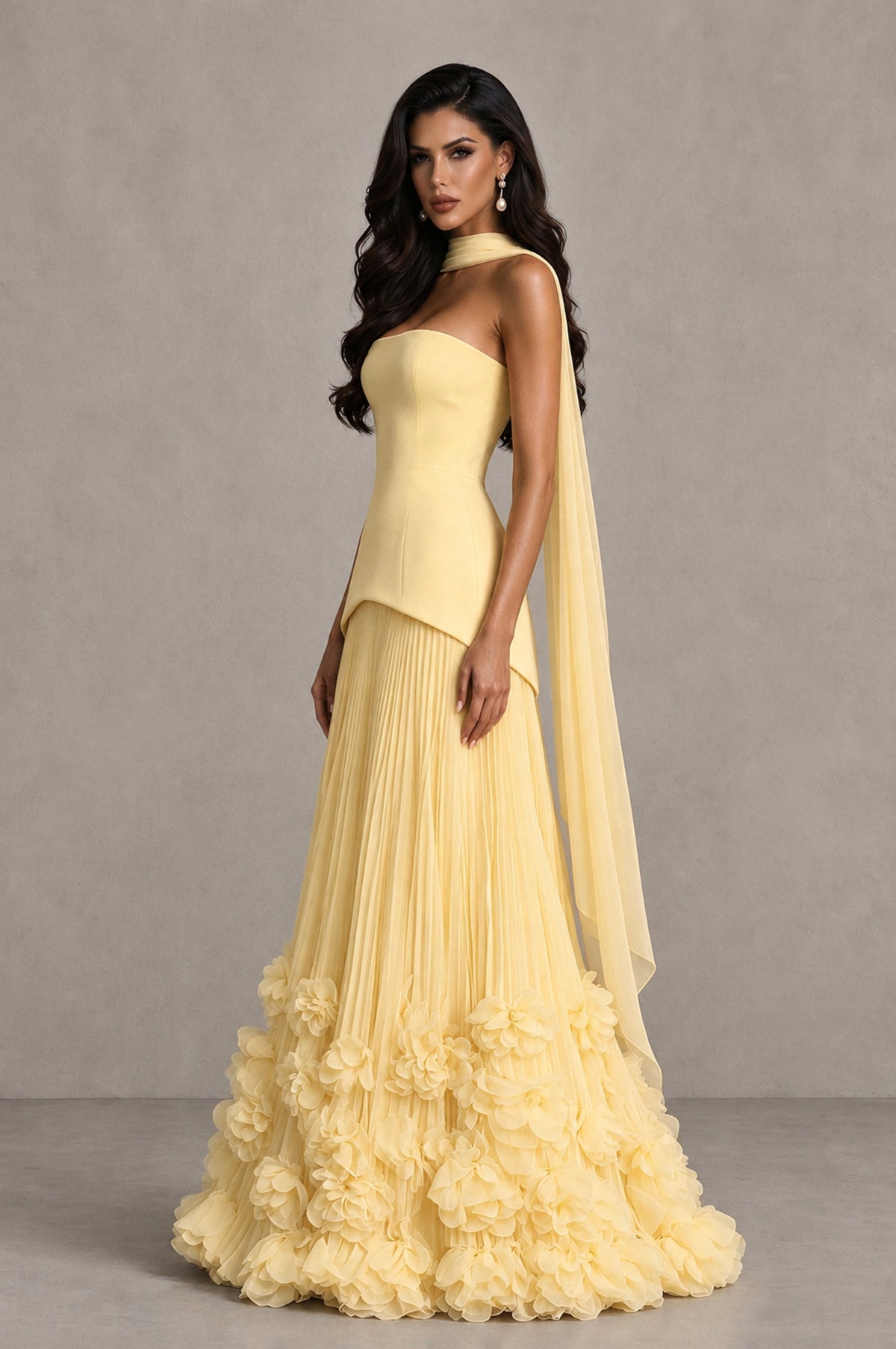 BOLODOO Yellow Strapless Pleated Floral Hem Evening Gown - Yellow - Yellow_4
