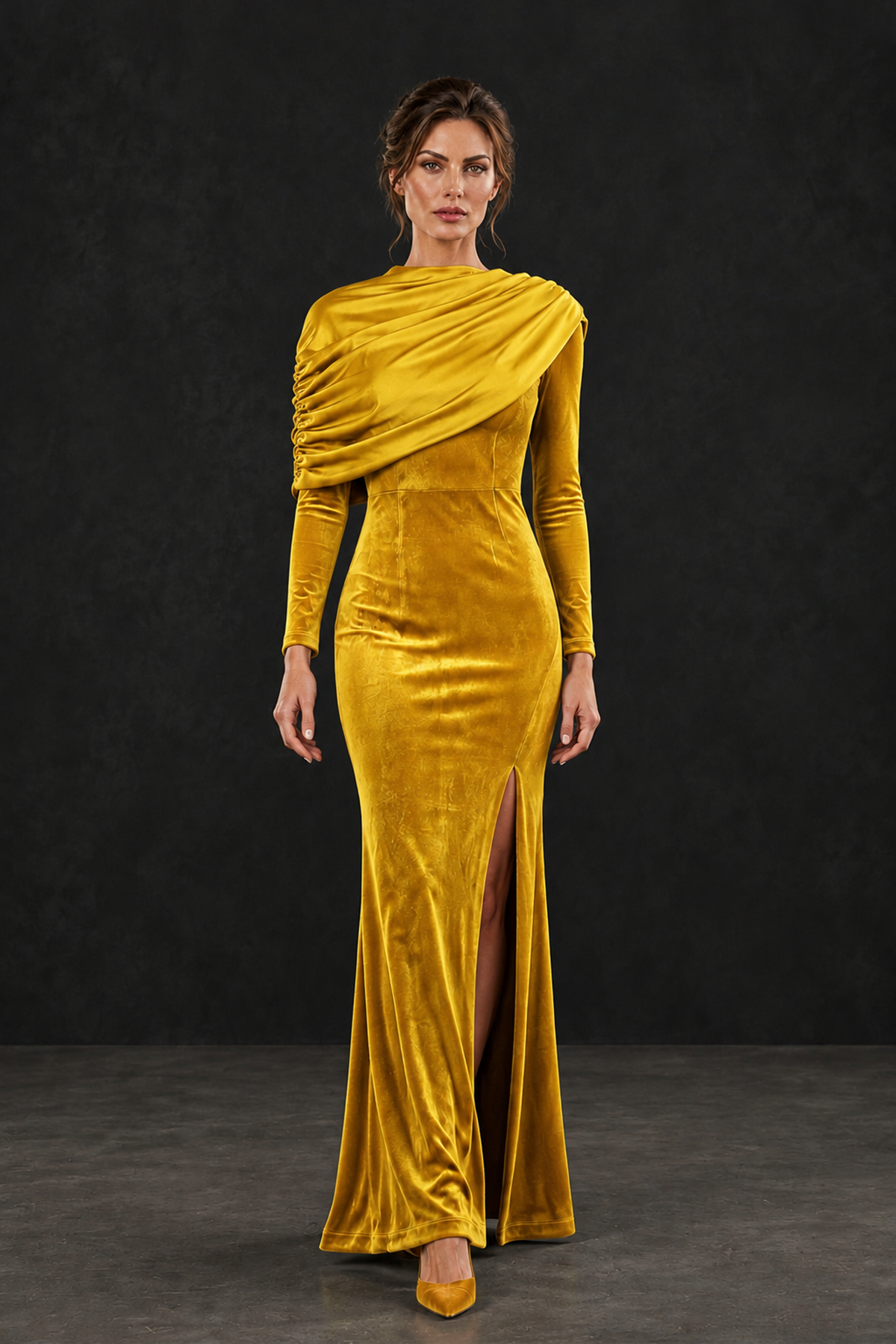 BOLODOO Yellow Velvet Long Sleeve Draped Mother of the Bride Dress - Yellow - Yellow_4