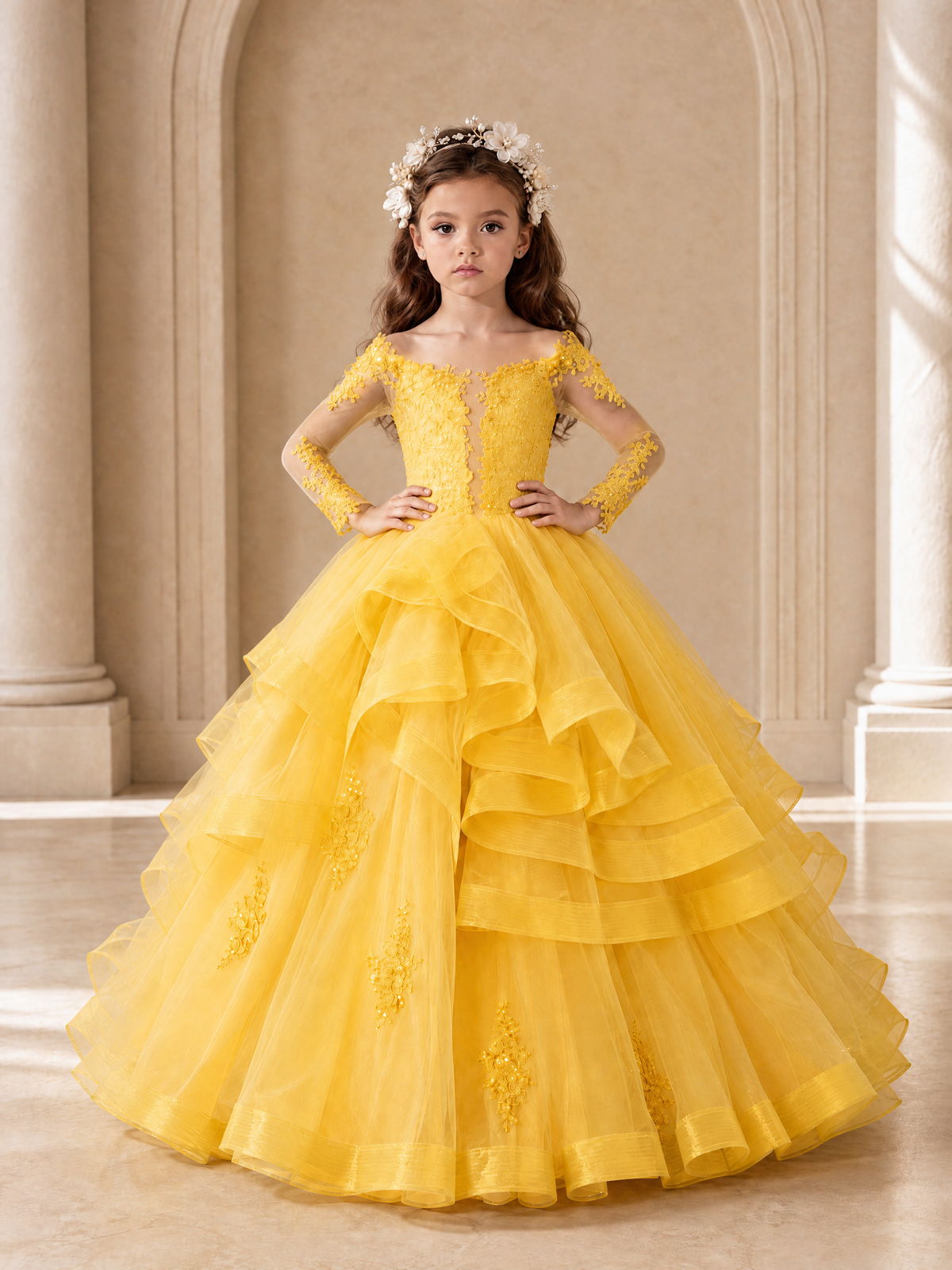 BOLODOO Yellow Lace Long Sleeve Tiered Flower Girl Dress - Yellow - Yellow_4