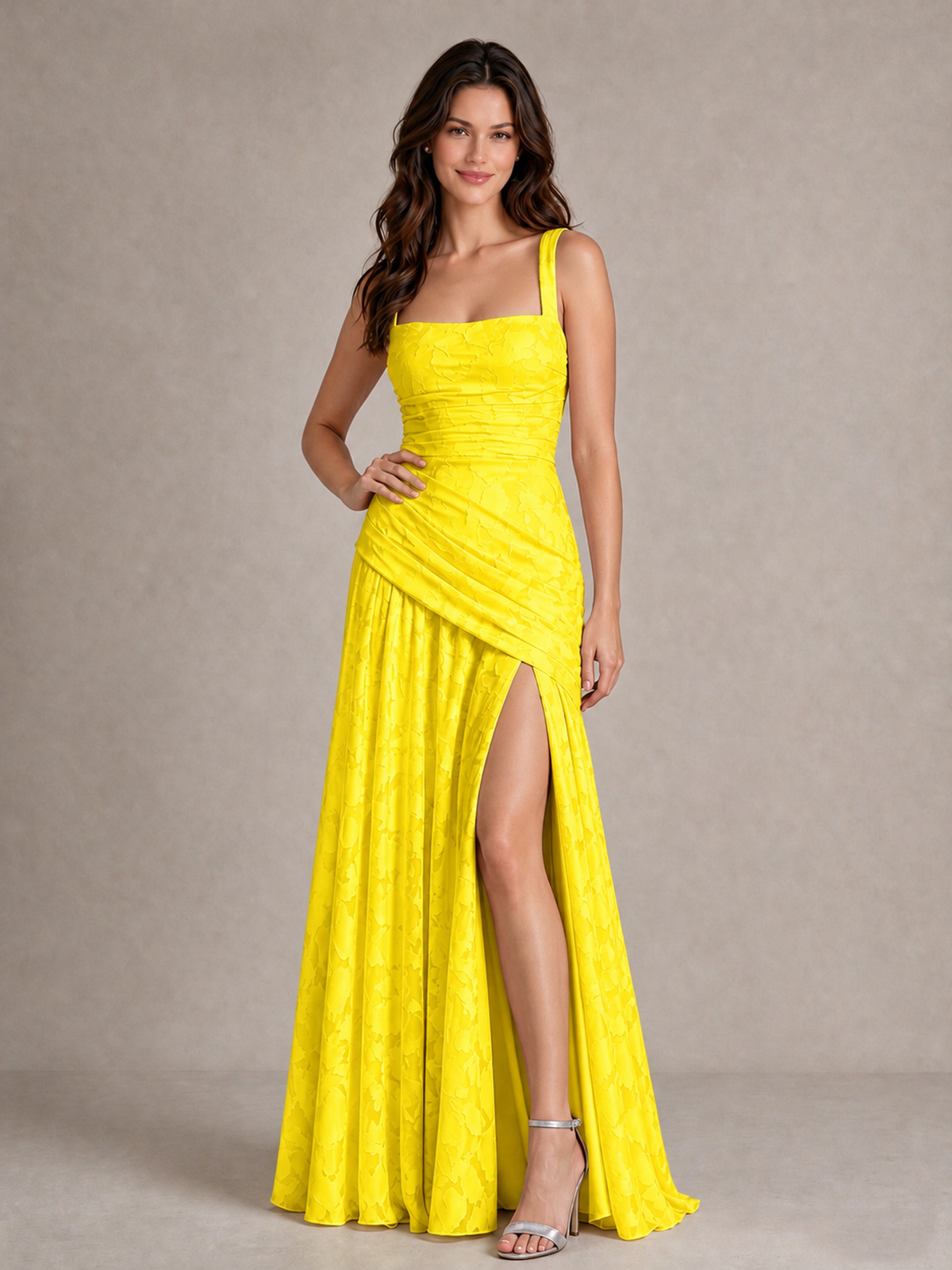 BOLODOO Yellow Floral Jacquard Bridesmaid Dress with Square Neck, Lace-Up Back & High Slit - Yellow - Yellow_4