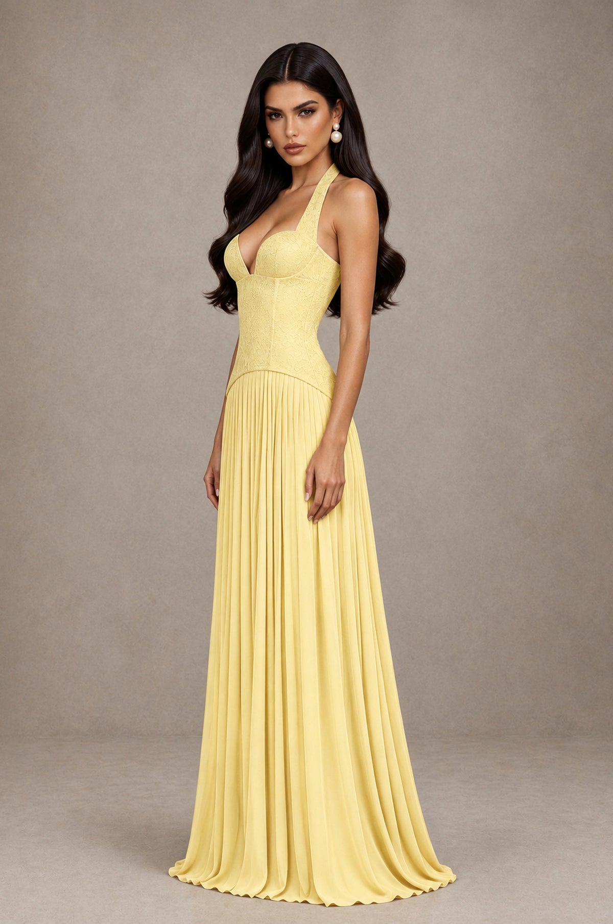 BOLODOO Yellow Halter Corset Pleated A-Line Evening Dress - Yellow - Yellow_4