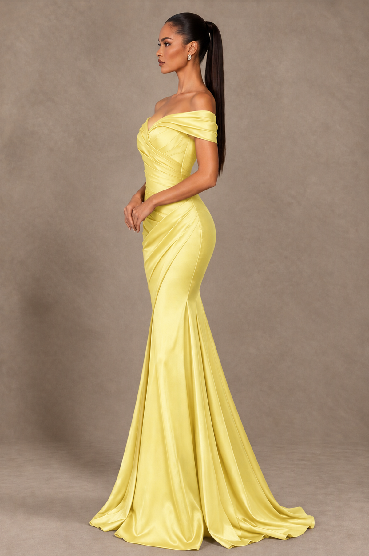 BOLODOO Yellow Off-the-Shoulder Ruched Satin Mermaid Evening Dress - Yellow - Yellow_4