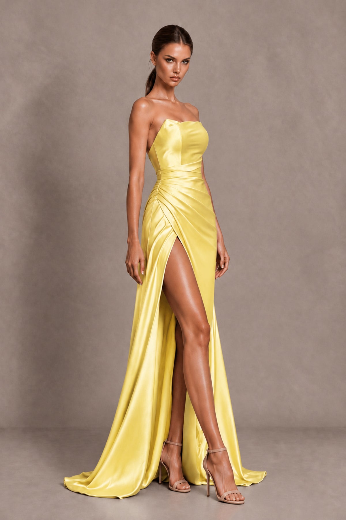 BOLODOO Yellow Strapless Ruched Satin-Look Evening Dress with High Slit - Yellow - Yellow_4