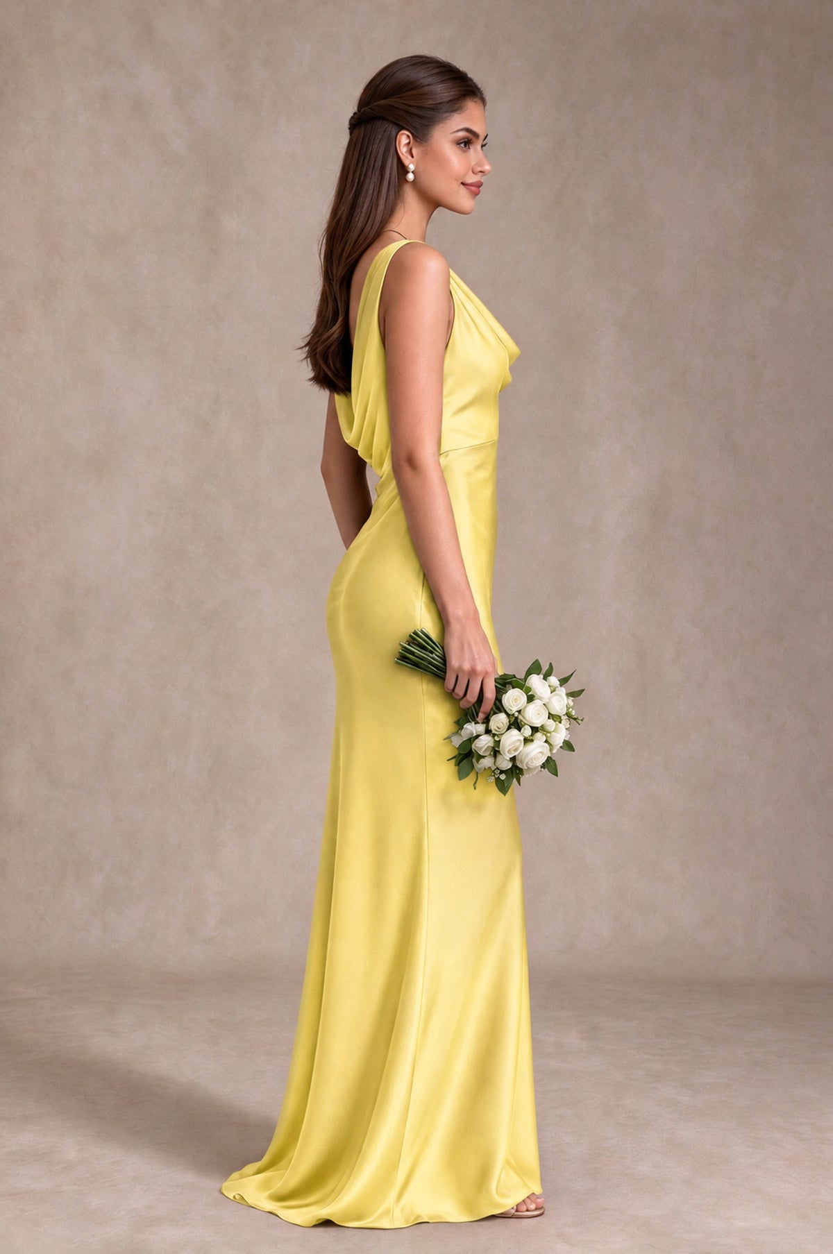 BOLODOO Yellow Cowl Neck Open Back Satin Bridesmaid Dress - Yellow - Yellow_4