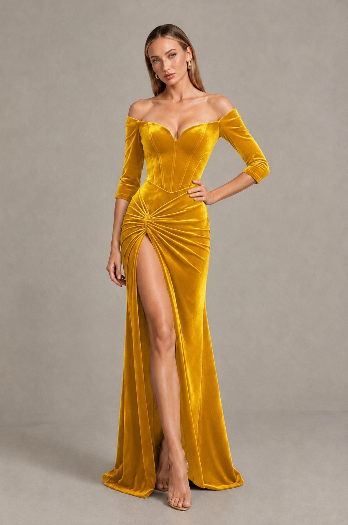 BOLODOO Yellow Off-Shoulder Velvet Evening Dress with High Slit - Yellow - Yellow_4