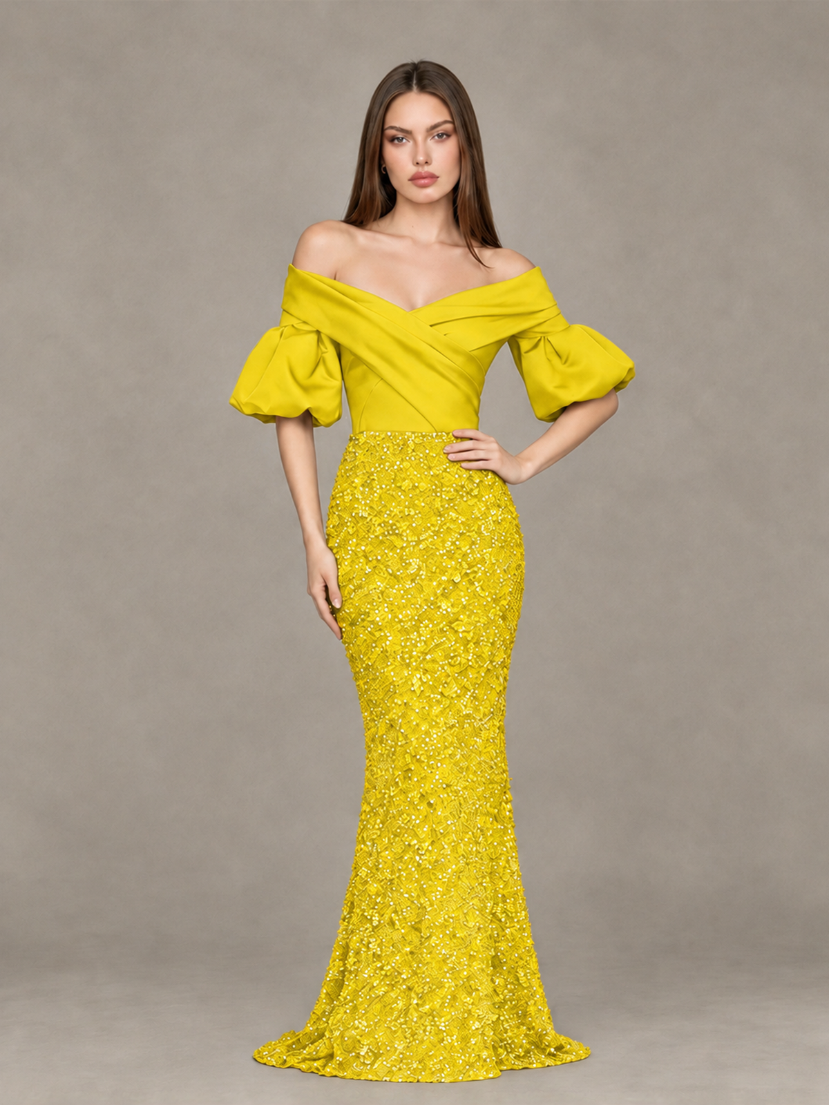 BOLODOO Yellow Off-Shoulder Puff Sleeve Sequin Mermaid Evening Dress - Yellow - Yellow_4