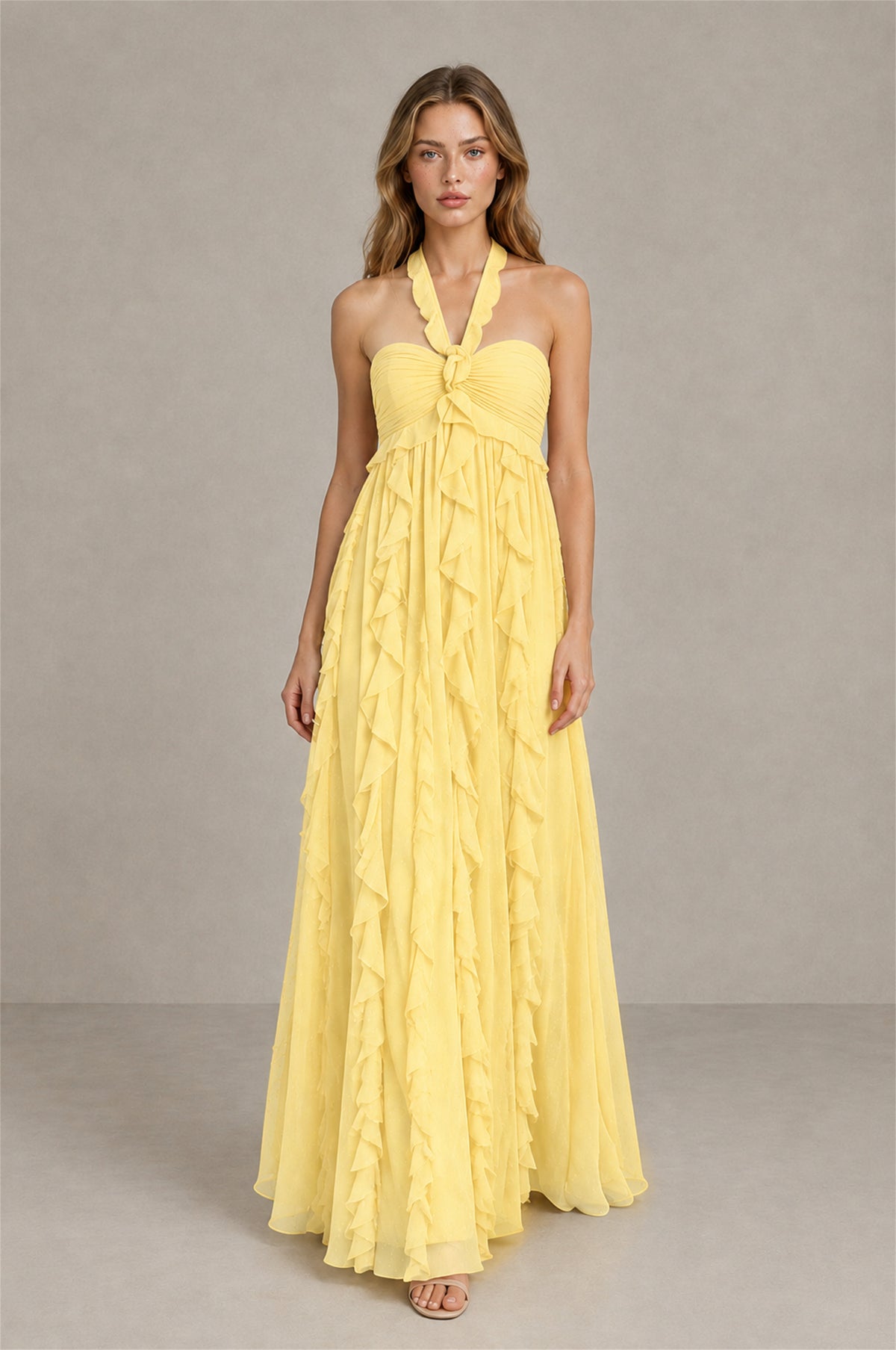 BOLODOO Yellow Halter Ruffle A-Line Floor-Length Evening Dress - Yellow - Yellow_4