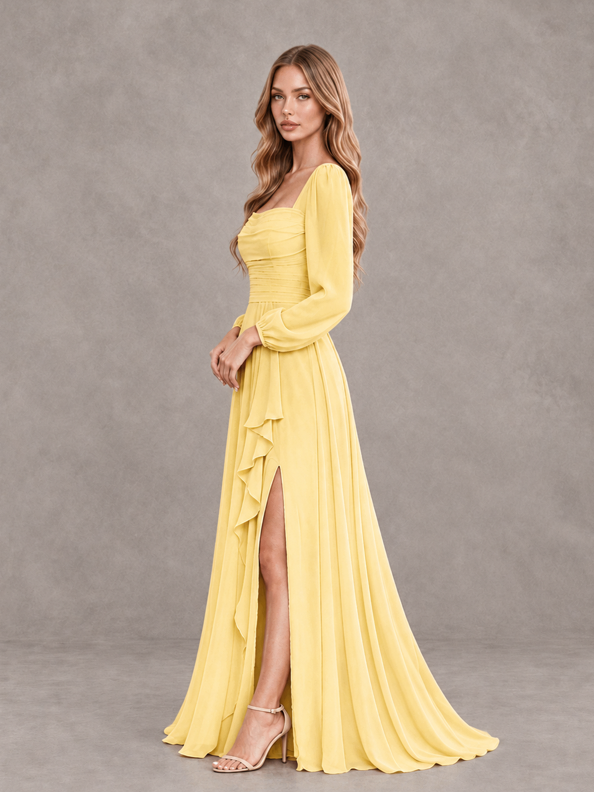 BOLODOO Yellow Square Neck Long Sleeve Bridesmaid Dress with Ruffle Slit - Yellow - Yellow_4