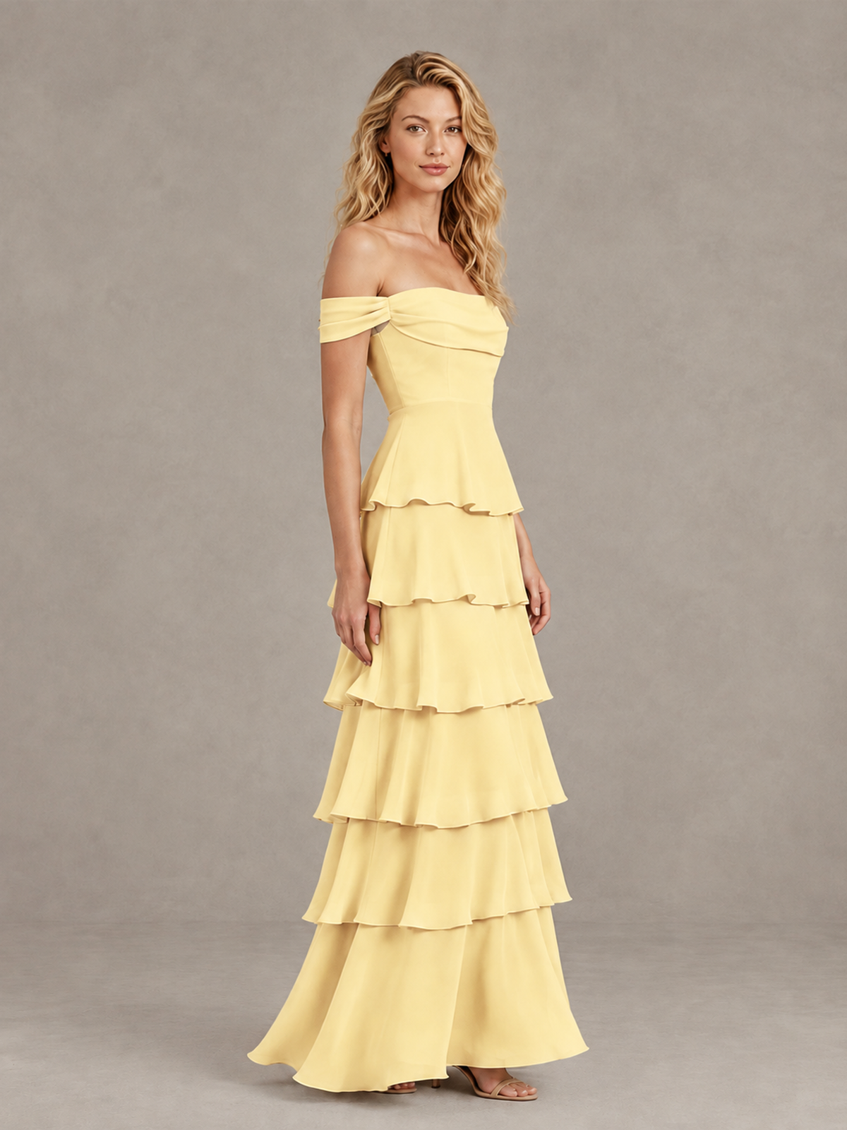 BOLODOO Yellow Off-Shoulder Tiered Ruffle Bridesmaid Dress with Lace-Up Back - Yellow - Yellow_4