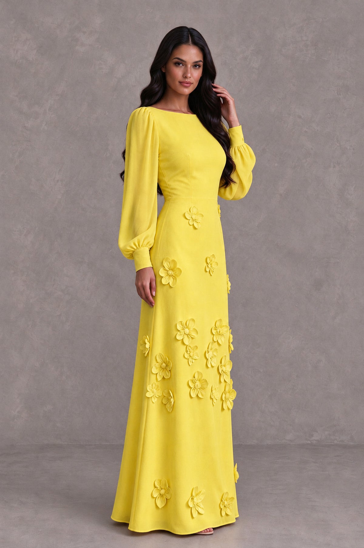 BOLODOO Yellow Long Sleeve Floral Applique A-Line Evening Dress - Yellow - Yellow_4