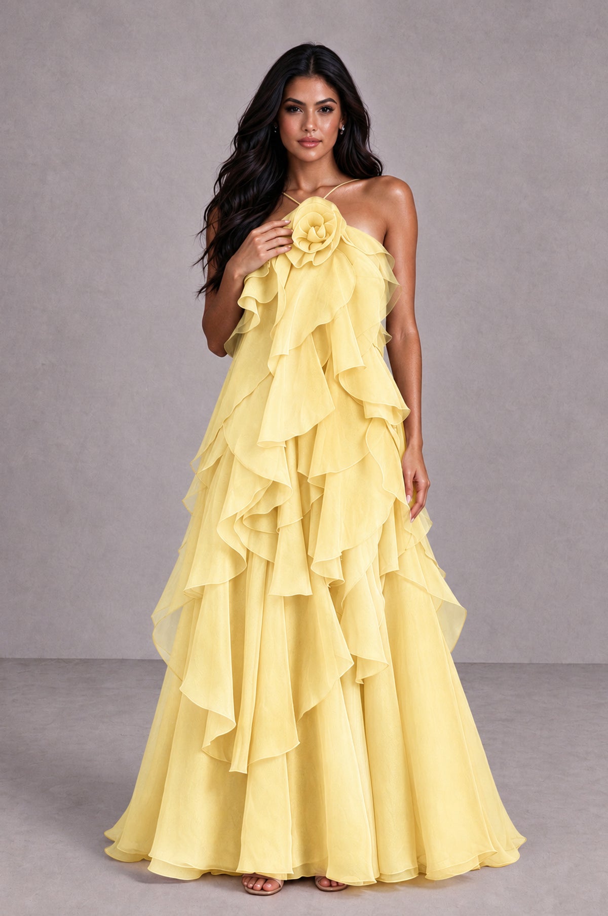 BOLODOO Yellow Cascading Ruffle Rosette Open-Back Maxi Dress - Yellow - Yellow_4