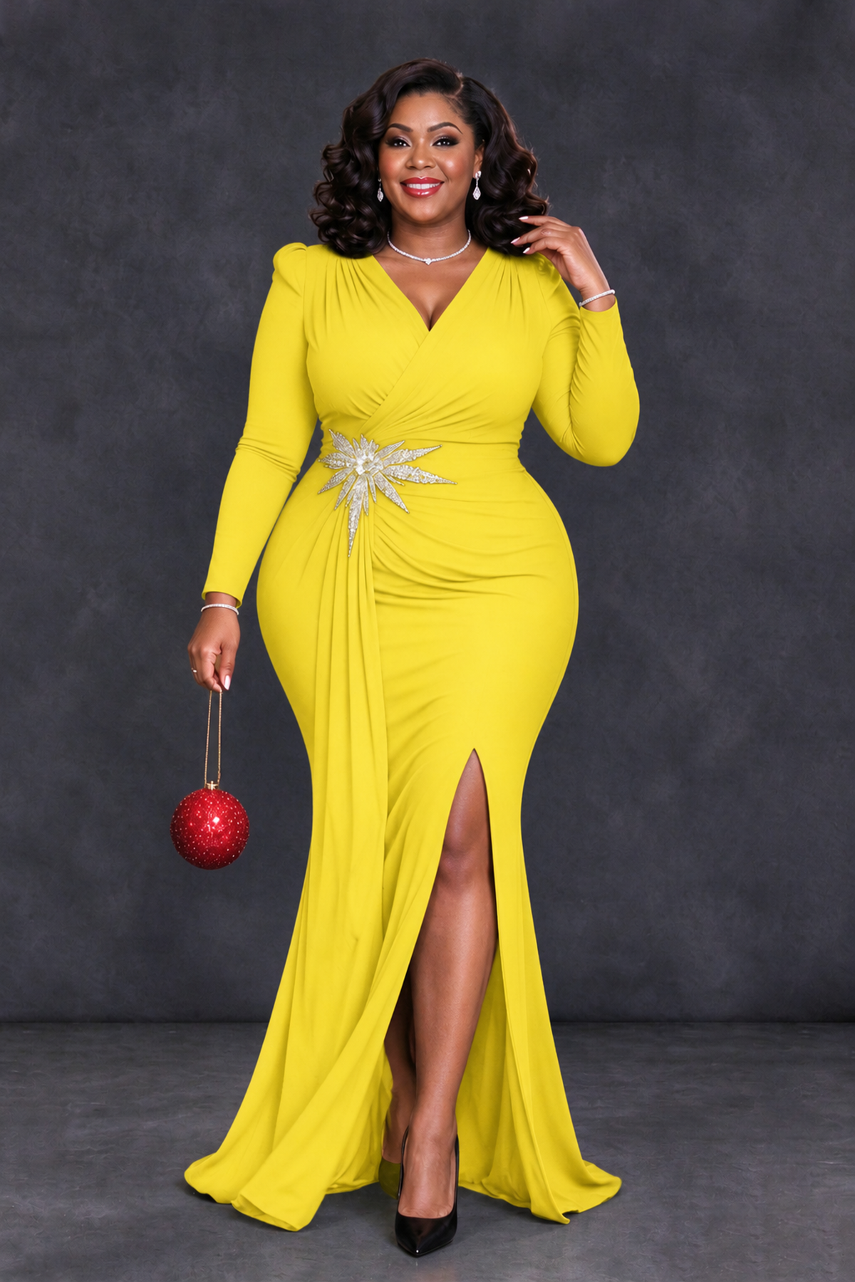BOLODOO Yellow Plus Size Long Sleeve V-Neck Mother of the Bride Dress with Slit - Yellow - Yellow_4