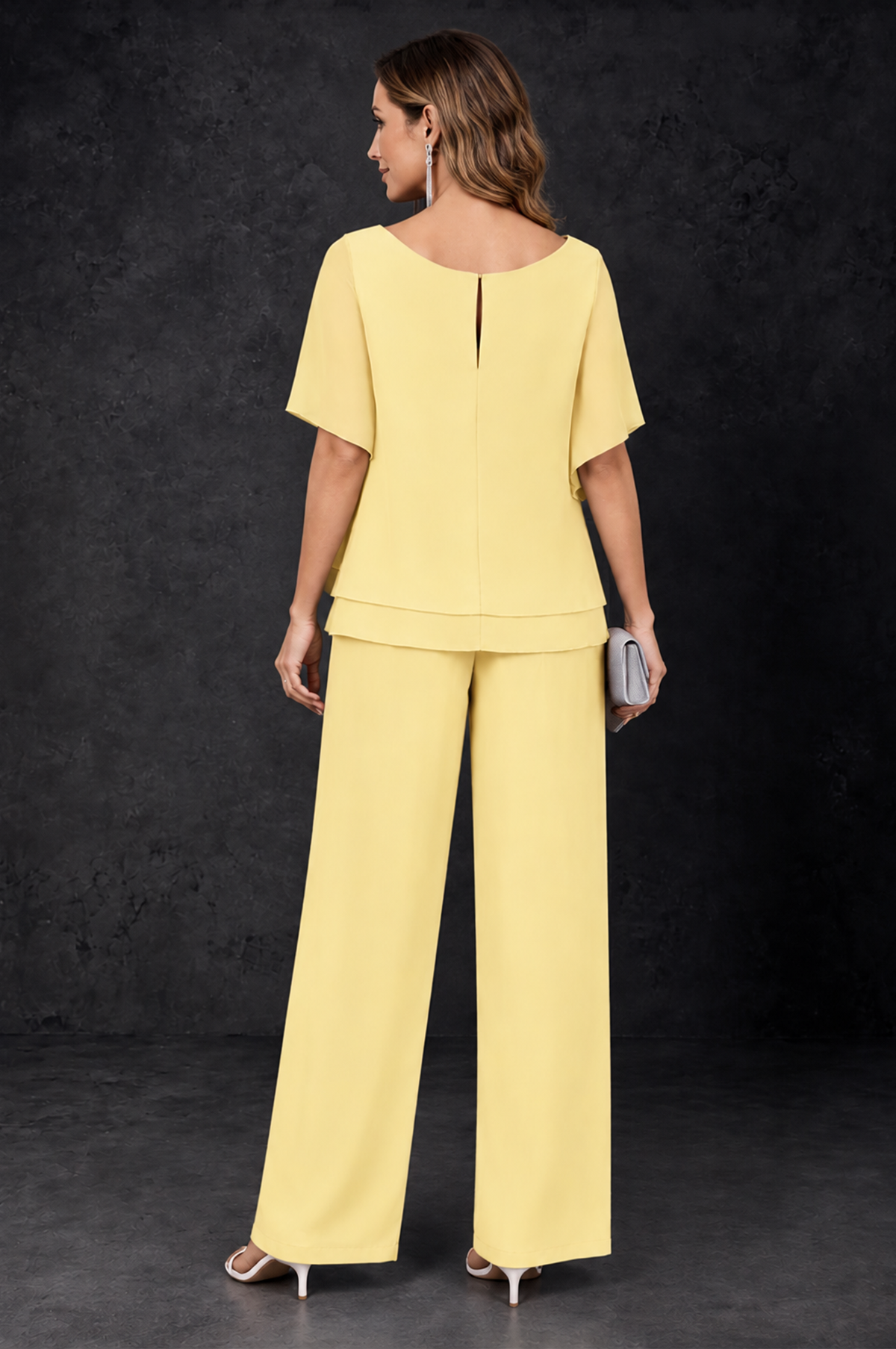 BOLODOO Yellow Layered Chiffon-Look Mother of the Bride Pantsuit - Yellow - Yellow_4