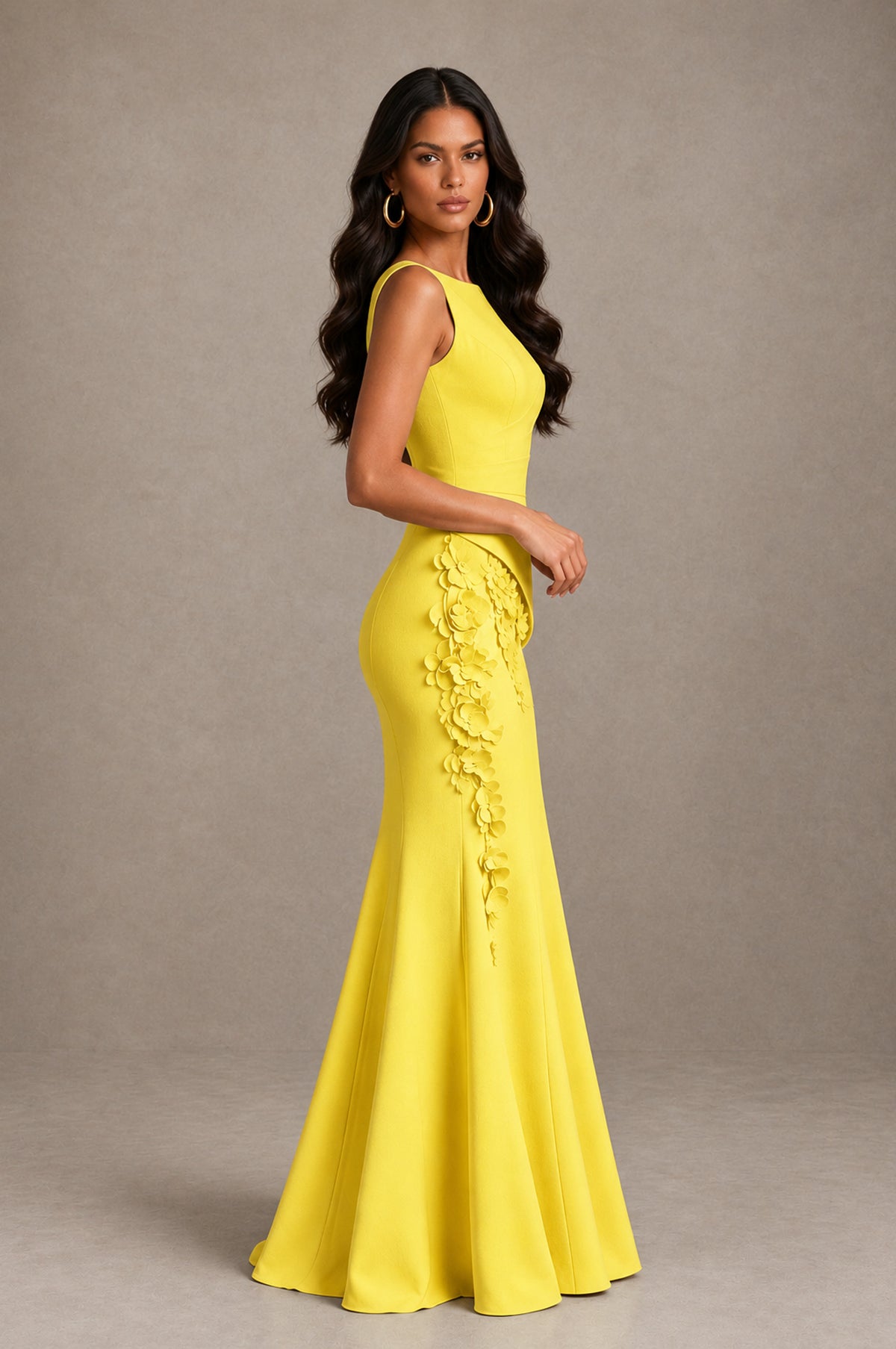BOLODOO Yellow Bateau Neck Sleeveless Asymmetric Peplum 3D Petal Appliqué Mermaid Gown BD0421 - Yellow - Yellow_4