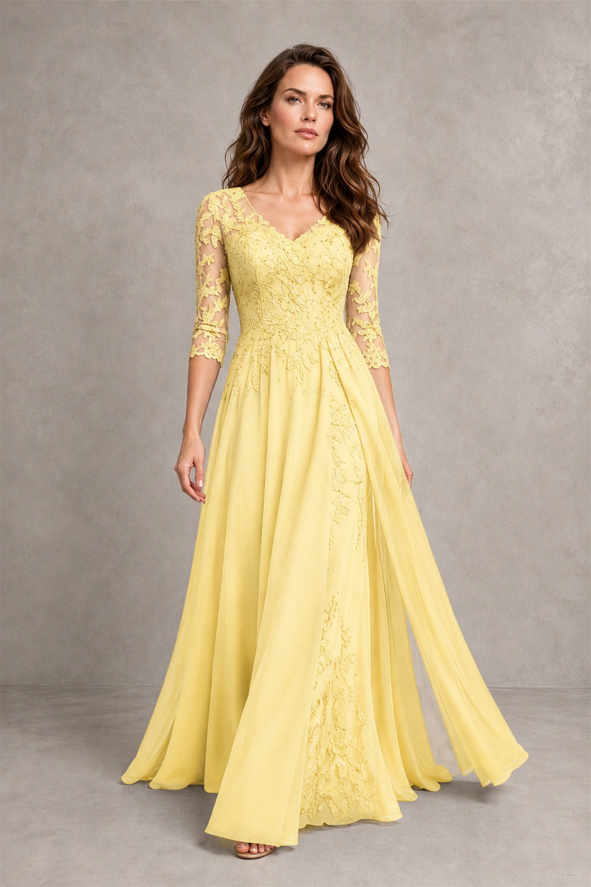 BOLODOO Midnight Yellow Beaded Lace Appliqué Chiffon A-Line Gown | Mother of the Bride & Formal Evening Dress - Yellow - Yellow_4