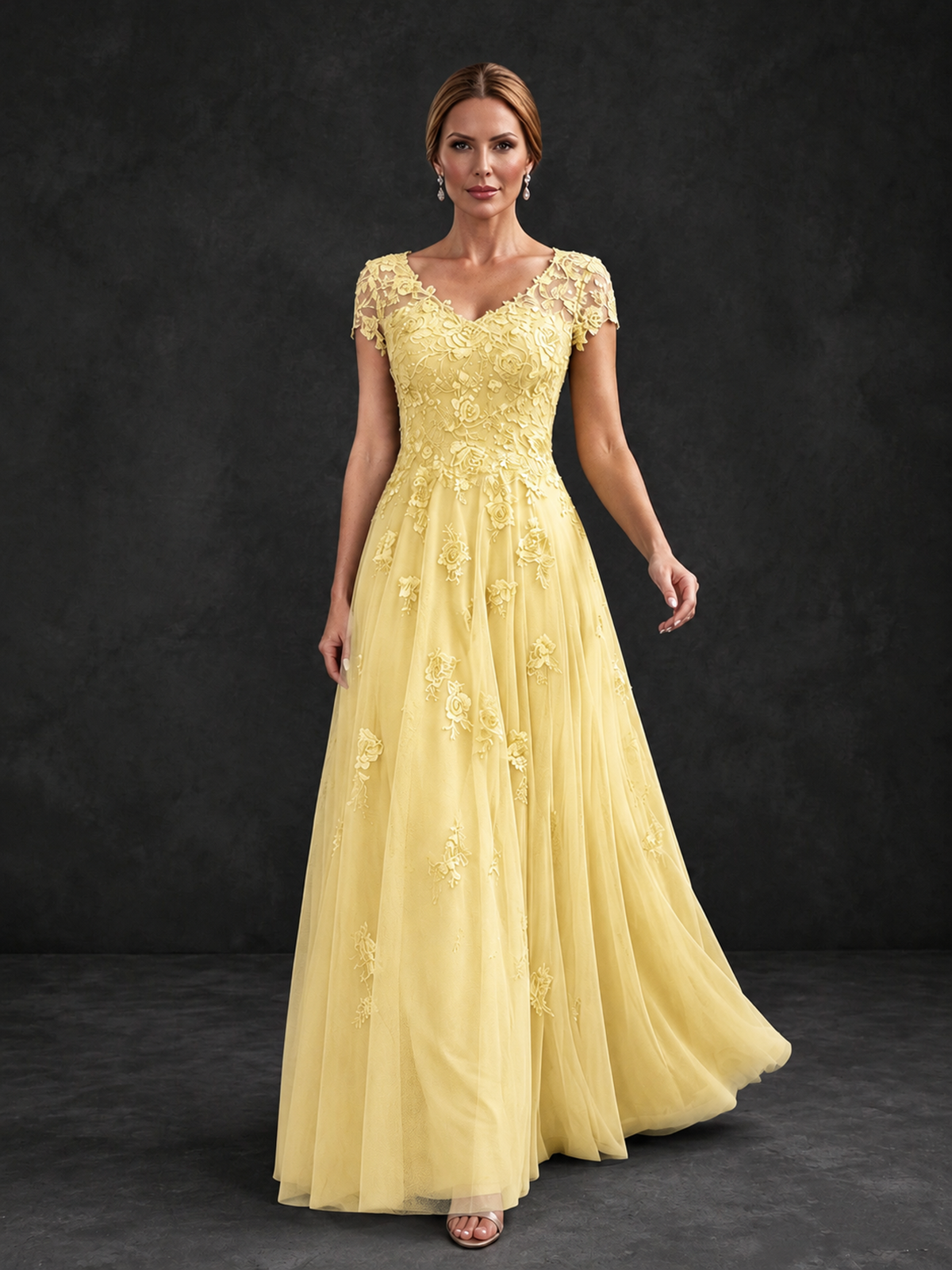 BOLODOO Yellow Cap Sleeve Lace Appliqué A-Line Formal Gown | Mother of the Bride Dress - Yellow - Yellow_4