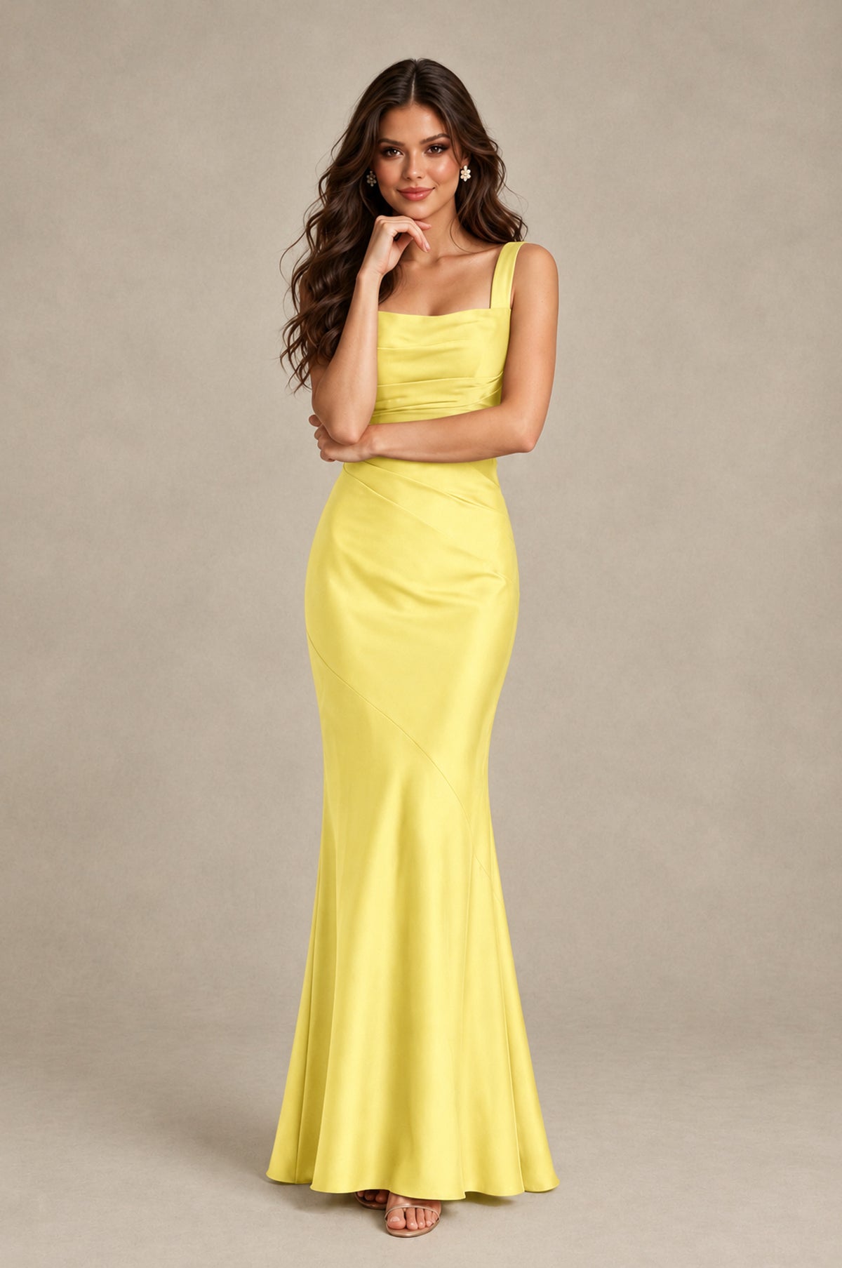 BOLODOO Yellow Square Neck Ruched Satin Lace-Up Bridesmaid Dress - Yellow - Yellow_4