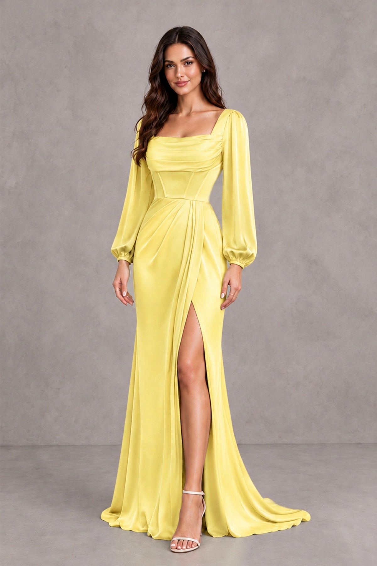 BOLODOO Yellow Satin-Look Long Sleeve Evening Dress with High Slit - Yellow - Yellow_4
